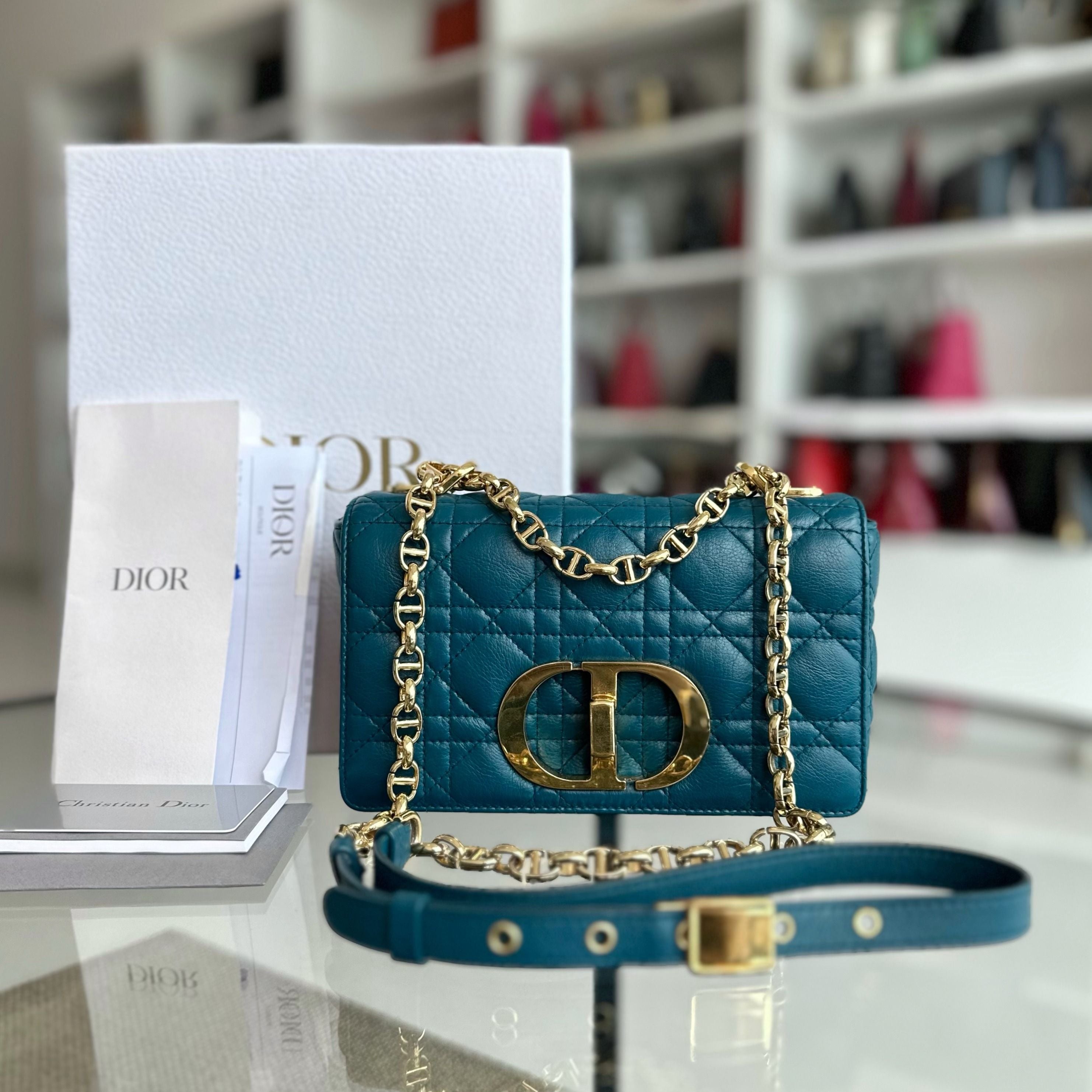 *Full Set, Receipt* Dior Caro Small Cannage Flap Bag Blue Calfskin GHW - Luxury Evermore