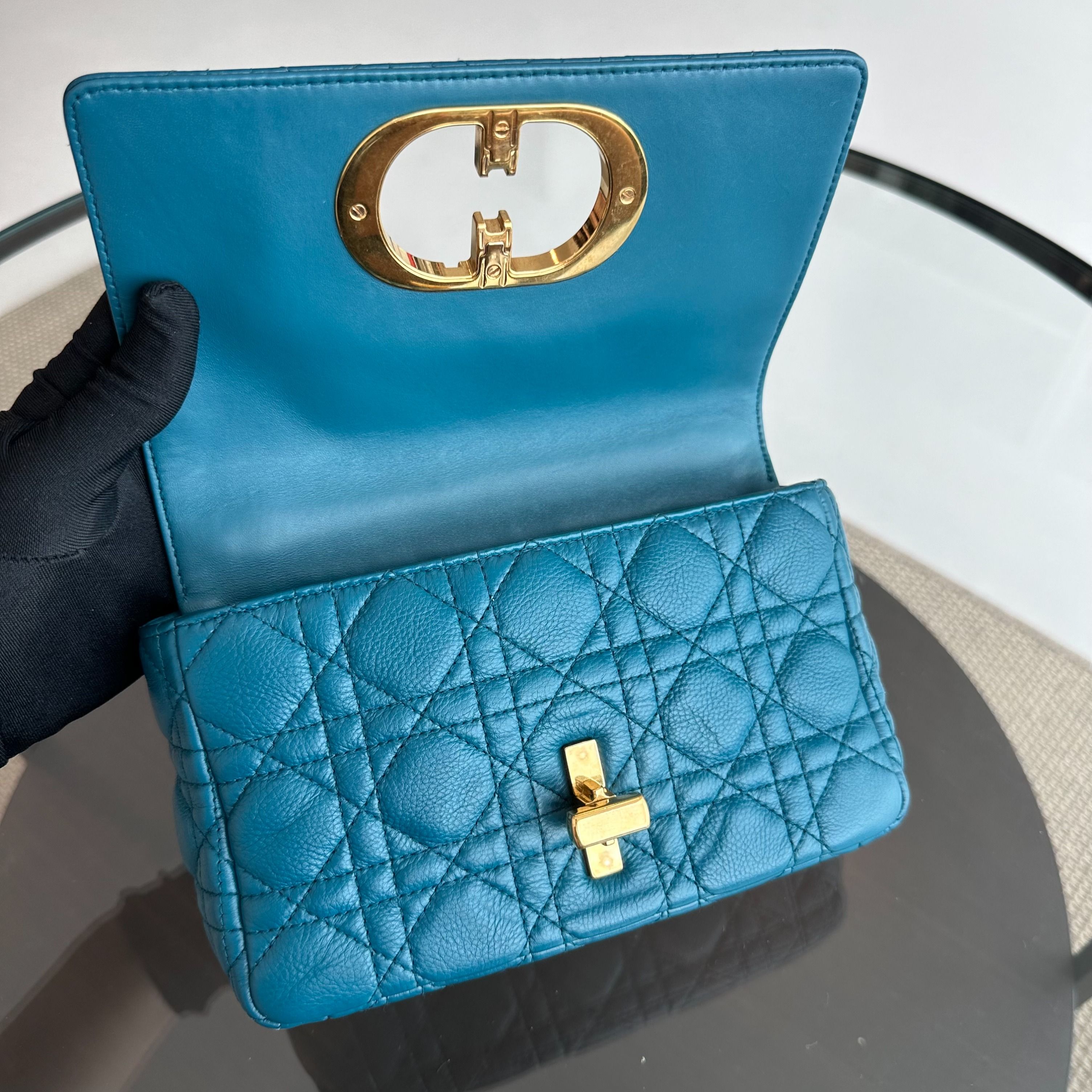 *Full Set, Receipt* Dior Caro Small Cannage Flap Bag Blue Calfskin GHW - Luxury Evermore