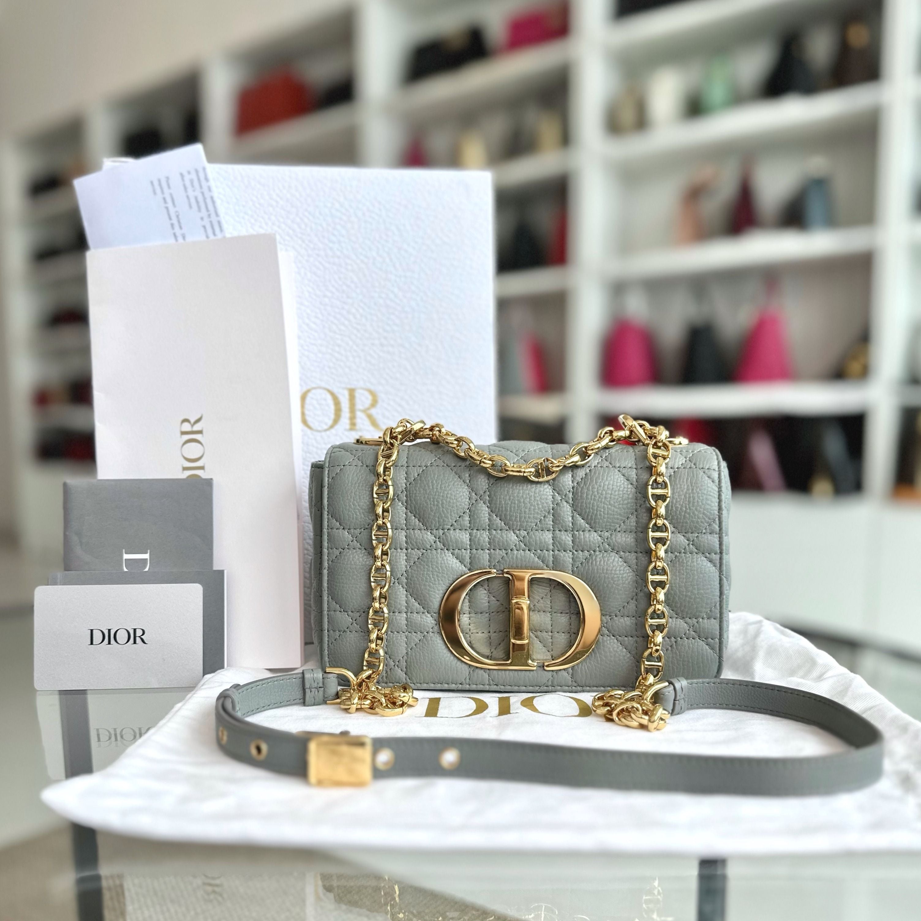 *Full Set, Receipt* Dior Caro Small Cannage Flap Bag Grey GHW - Luxury Evermore