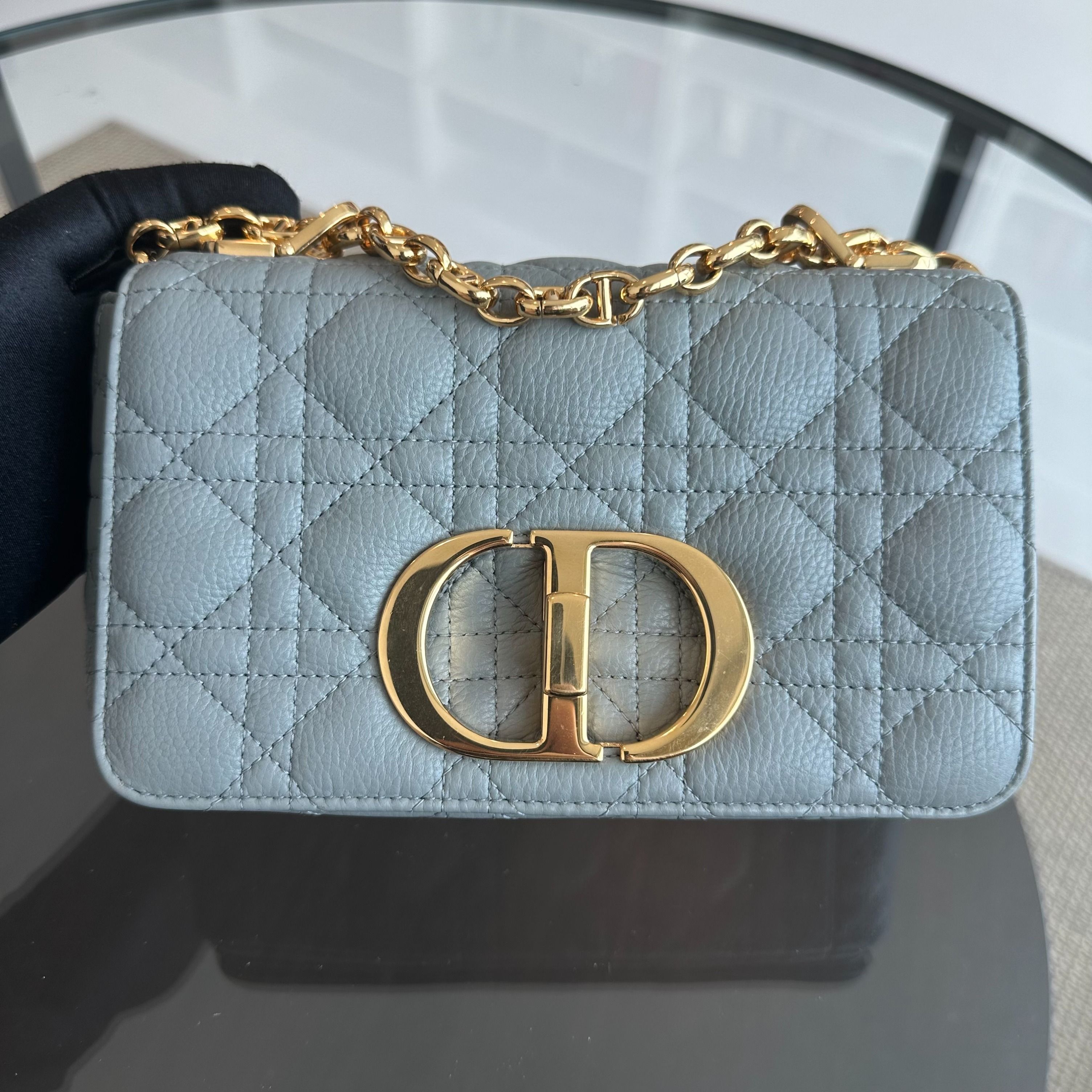 *Full Set, Receipt* Dior Caro Small Cannage Grained Calfskin Haze Blue GHW - Luxury Evermore