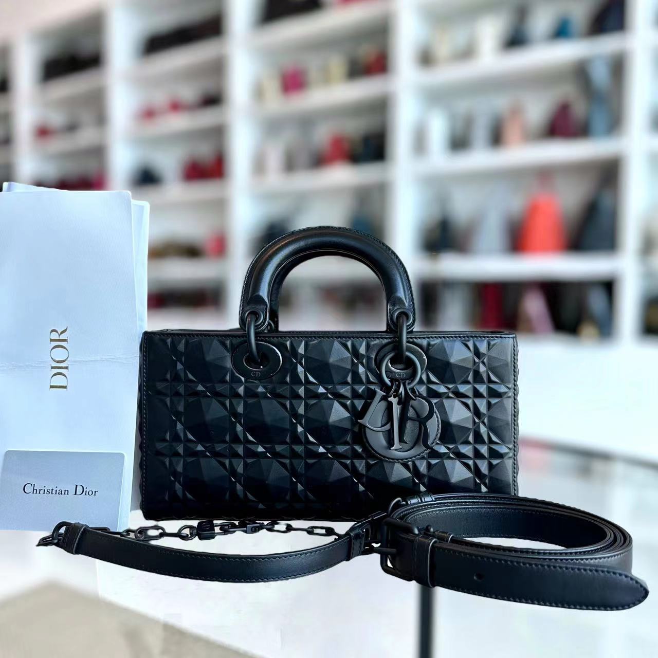 *Full Set, Receipt* Dior D-Joy Medium All Black Dimond Motif Cannage Calfskin Top Handle Black Hardware - Luxury Evermore