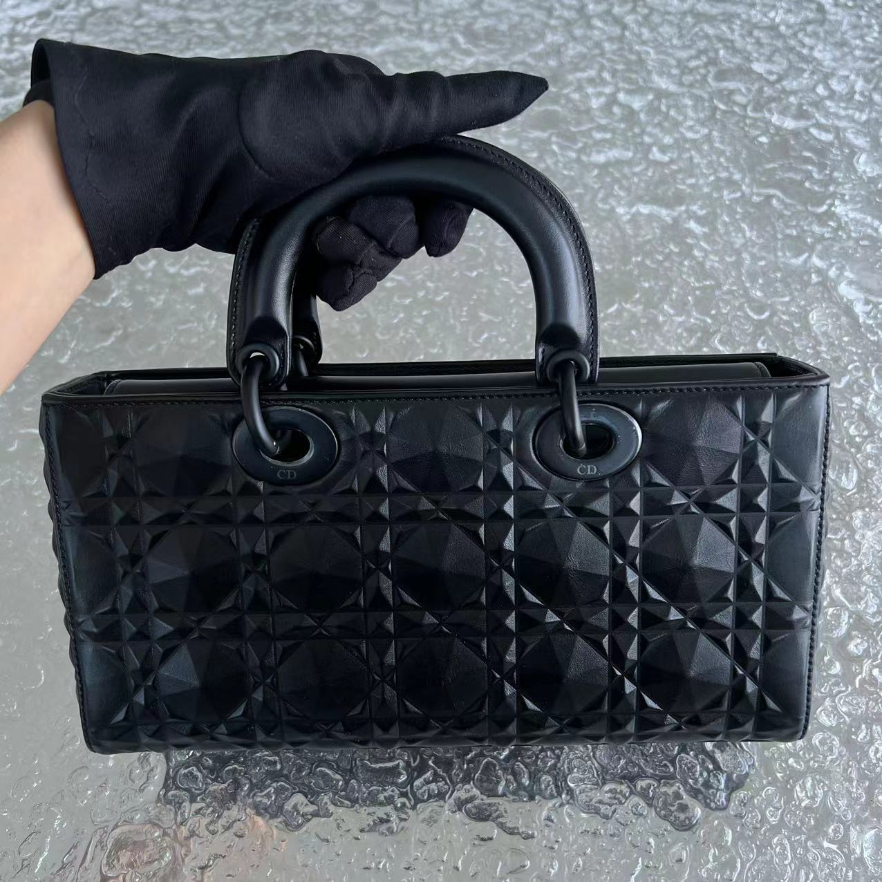 *Full Set, Receipt* Dior D-Joy Medium All Black Dimond Motif Cannage Calfskin Top Handle Black Hardware - Luxury Evermore