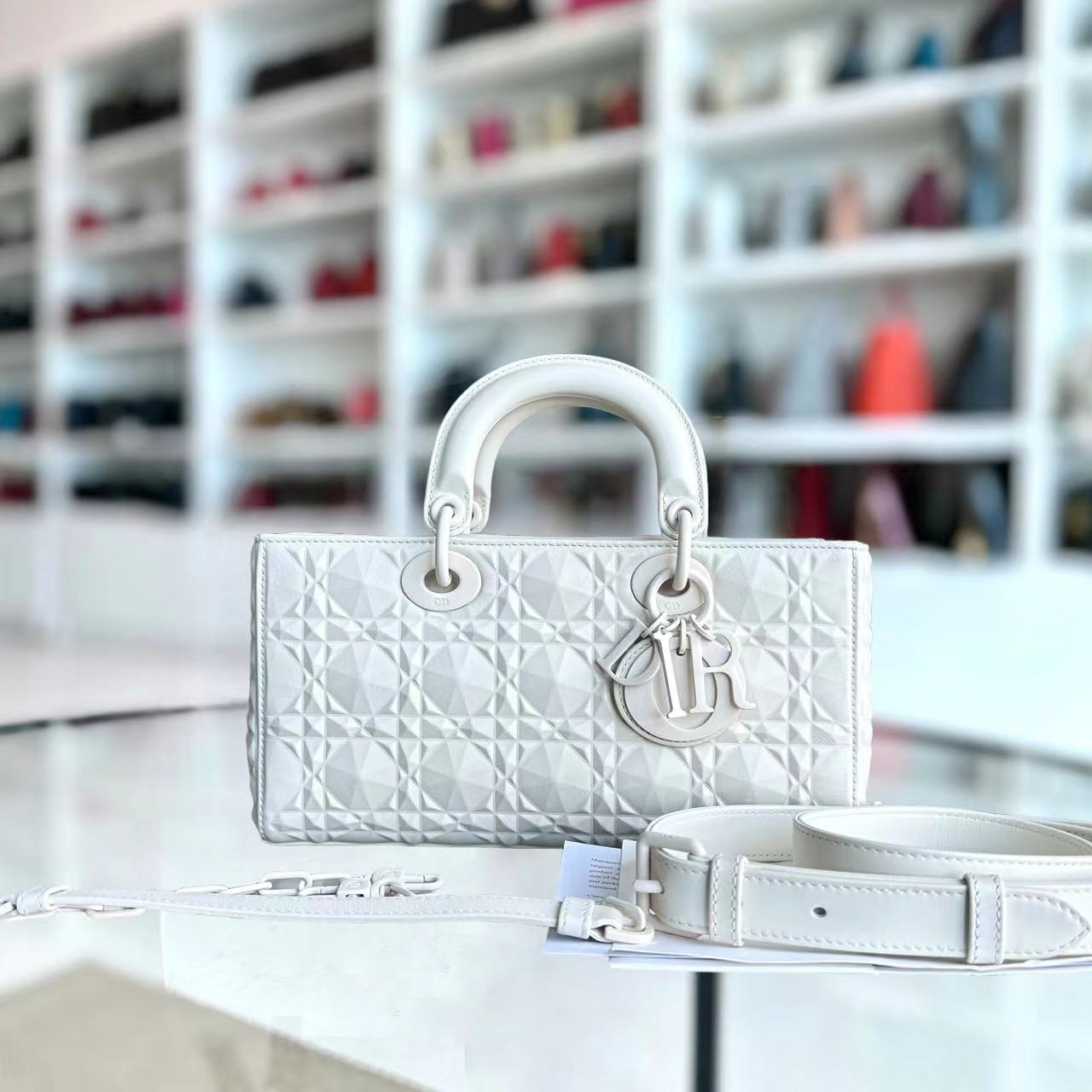 *Full Set, Receipt* Dior D-Joy Medium Latte Cannage Calfskin Dimond Motif White - Luxury Evermore