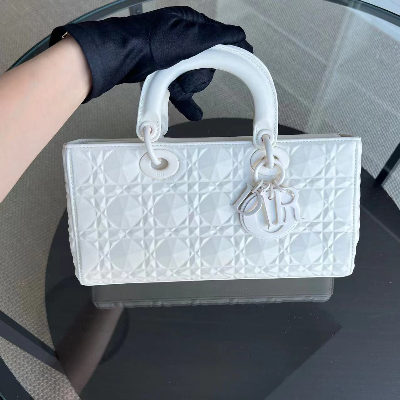 *Full Set, Receipt* Dior D-Joy Medium Latte Cannage Calfskin Dimond Motif White - Luxury Evermore