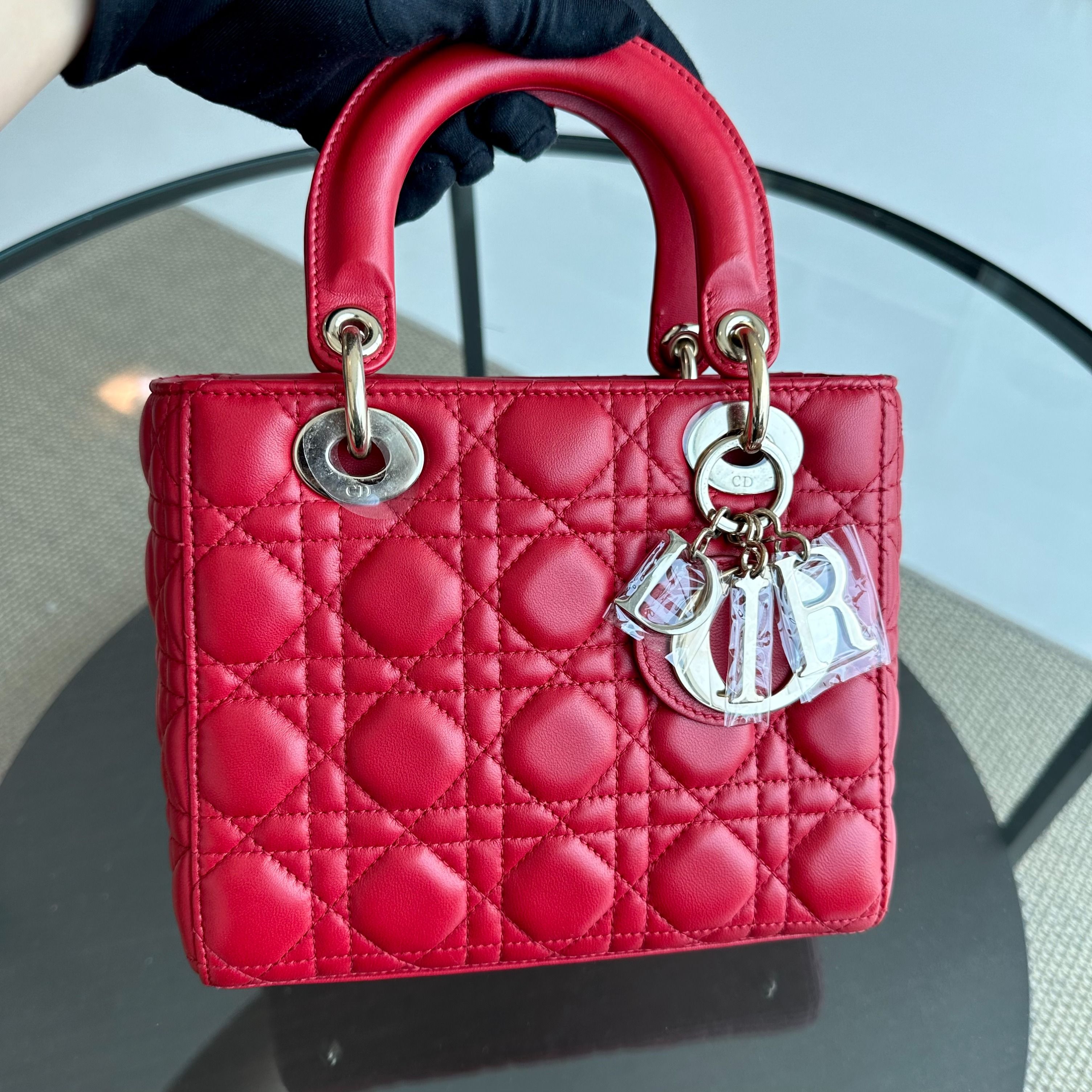 *Full Set, Receipt* Dior Lady Small Lambskin Cannage Charm ABC Red GHW - Luxury Evermore