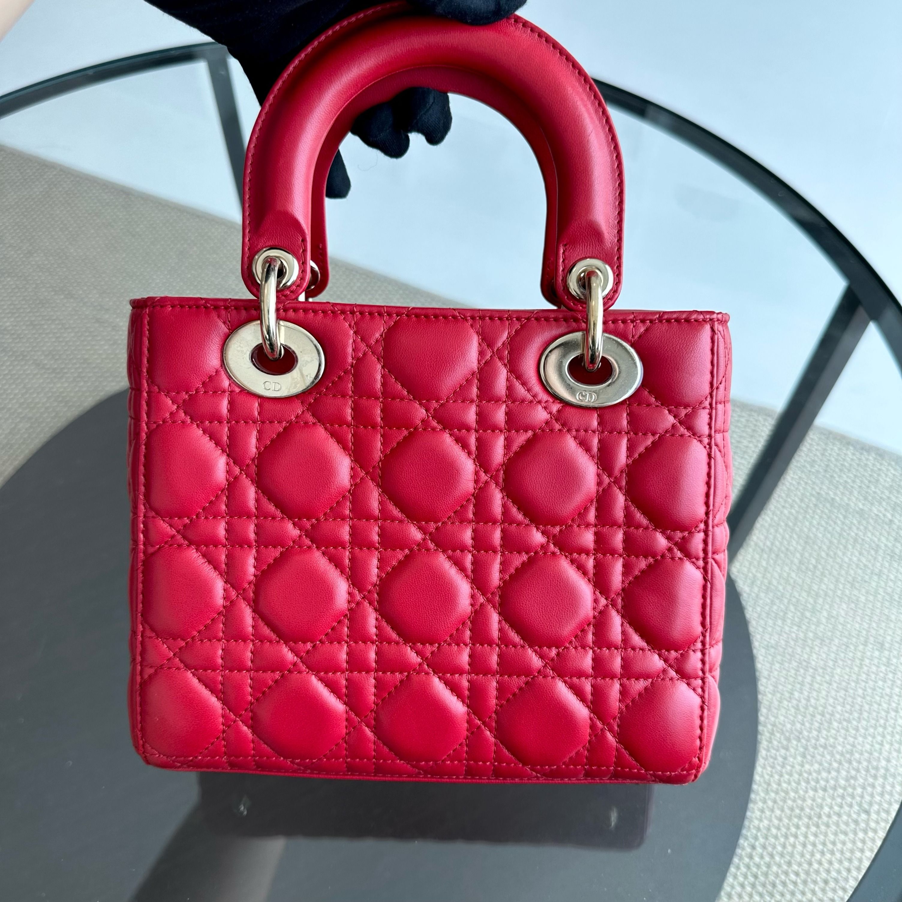 *Full Set, Receipt* Dior Lady Small Lambskin Cannage Charm ABC Red GHW - Luxury Evermore