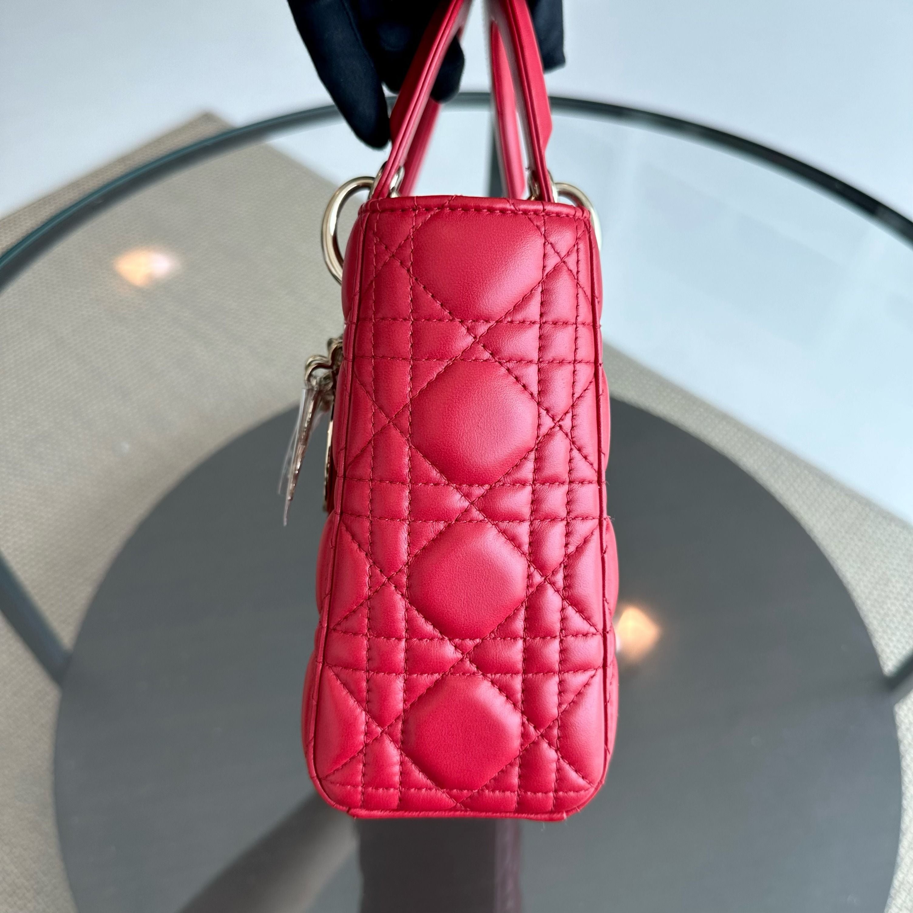 *Full Set, Receipt* Dior Lady Small Lambskin Cannage Charm ABC Red GHW - Luxury Evermore