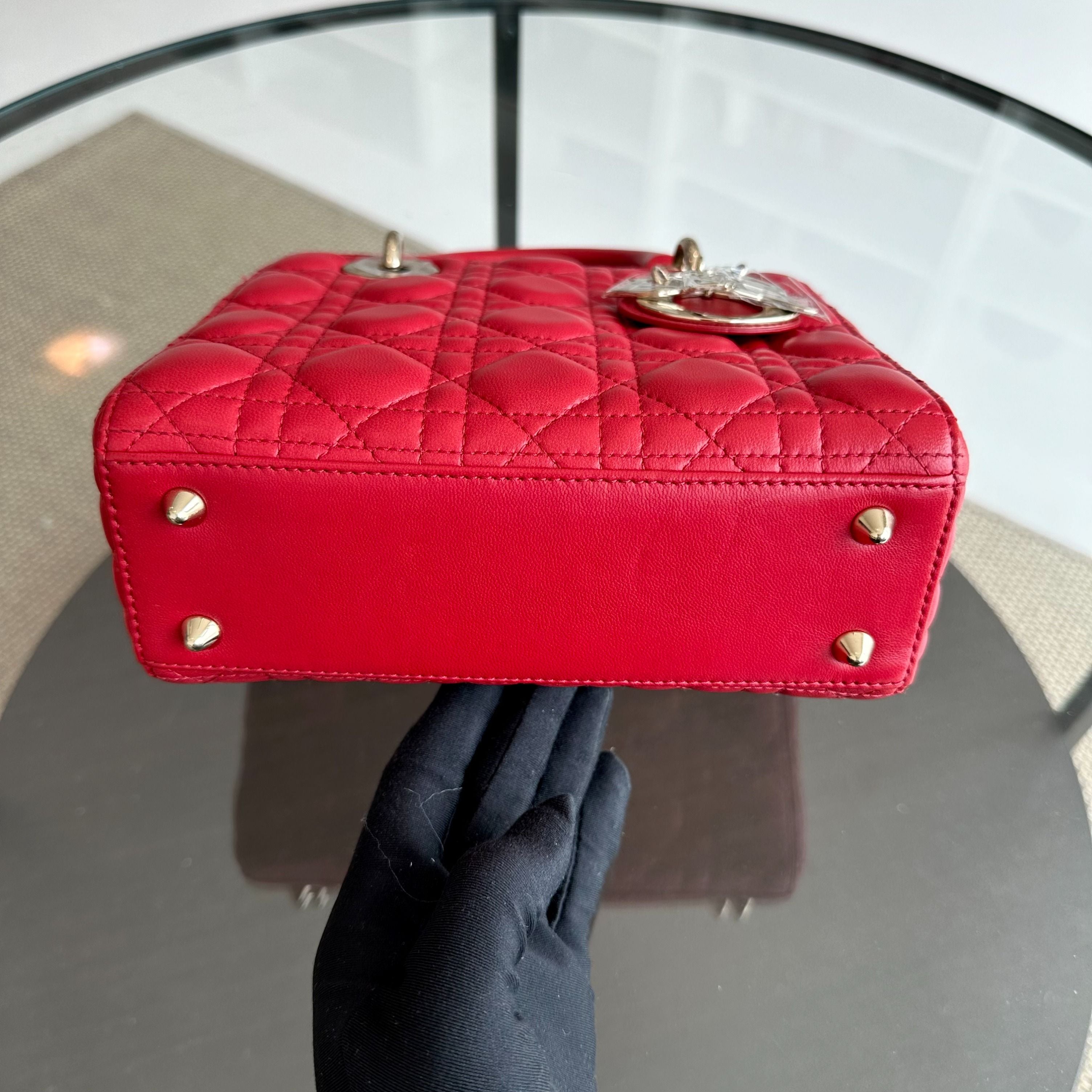 *Full Set, Receipt* Dior Lady Small Lambskin Cannage Charm ABC Red GHW - Luxury Evermore