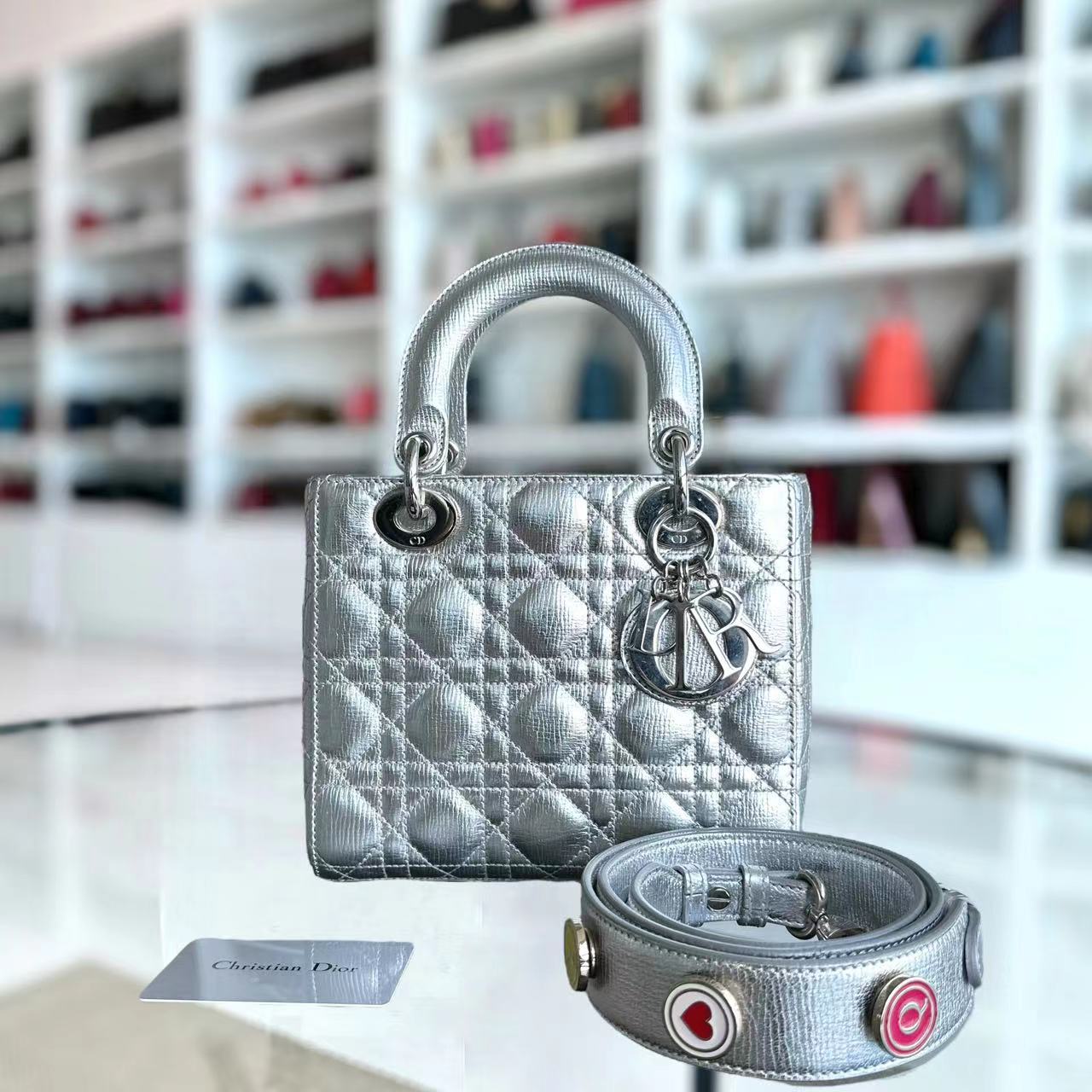 *Full Set, Receipt* Dior Lady Small Metallic Calfskin Limited Edition Silver ABC Badge Charm SHW - Luxury Evermore