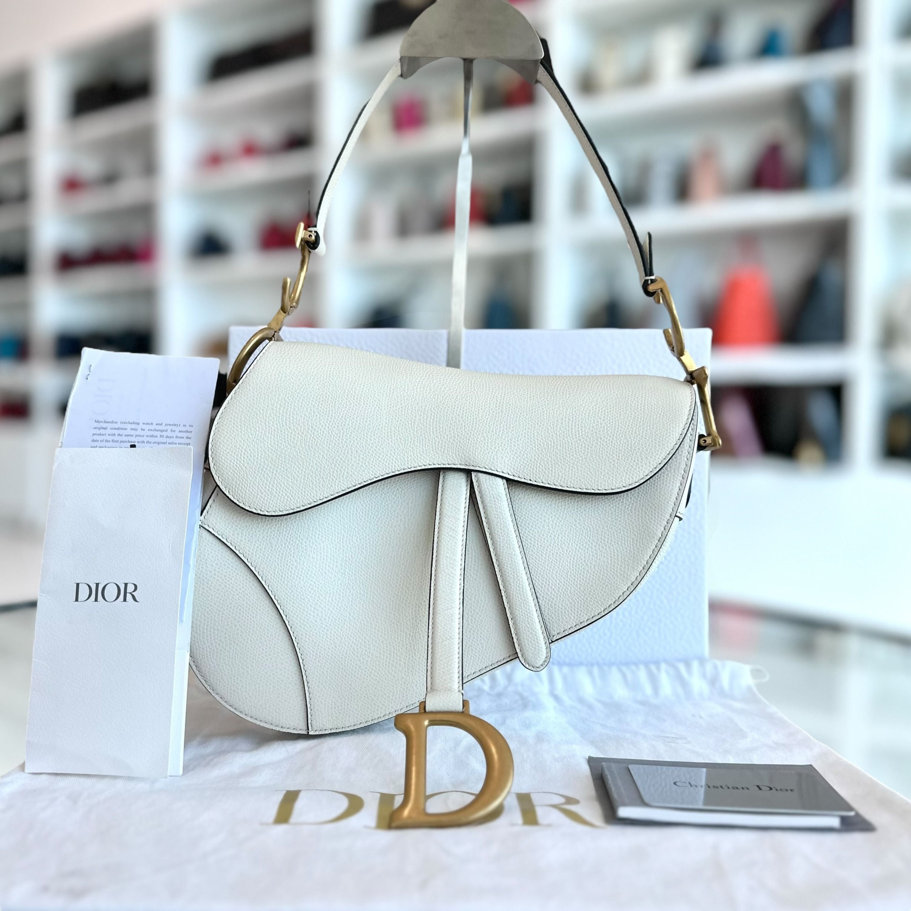 *Full Set, Receipt* Dior Saddle Medium Grained Calfskin Caviar White GHW - Luxury Evermore