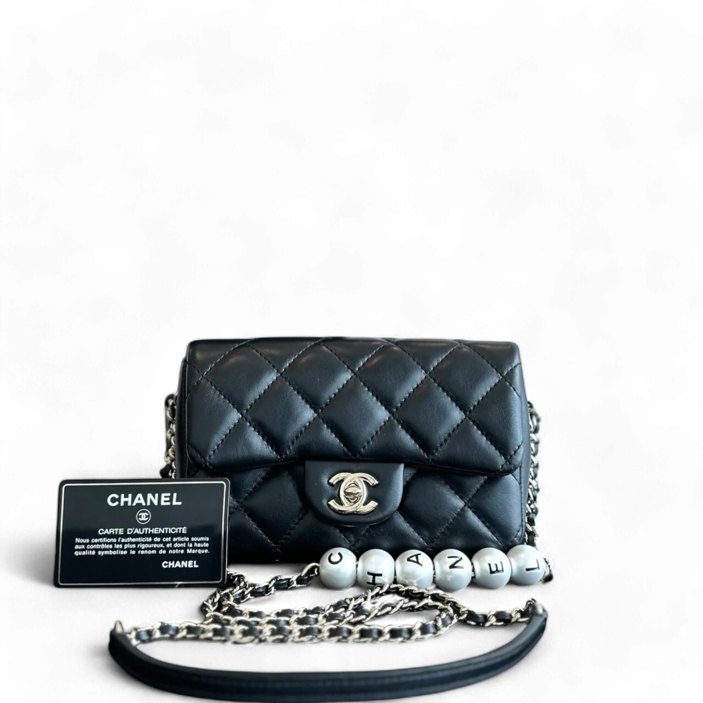 *Full Set, Receipt* Chanel Pearl Mini Flap Quilted My Previous Lambskin Black GHW No 29