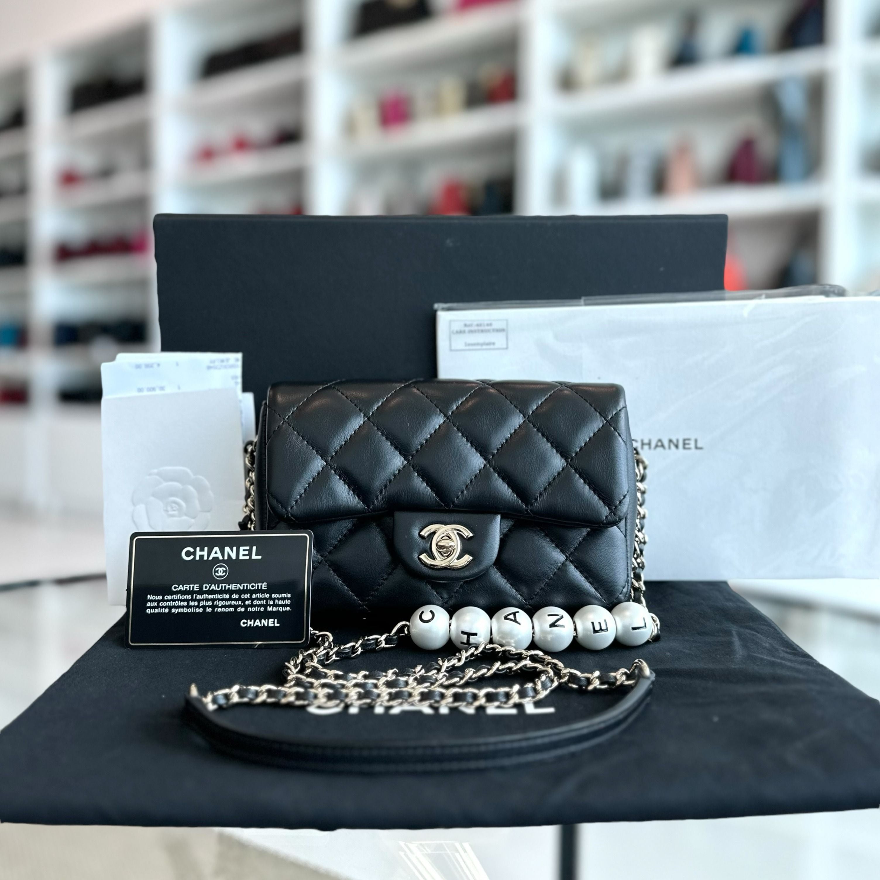 *Full Set, Receipt, Like New* Chanel Pearl Mini Flap Quilted My Previous Lambskin Black GHW No 29 - Luxury Evermore