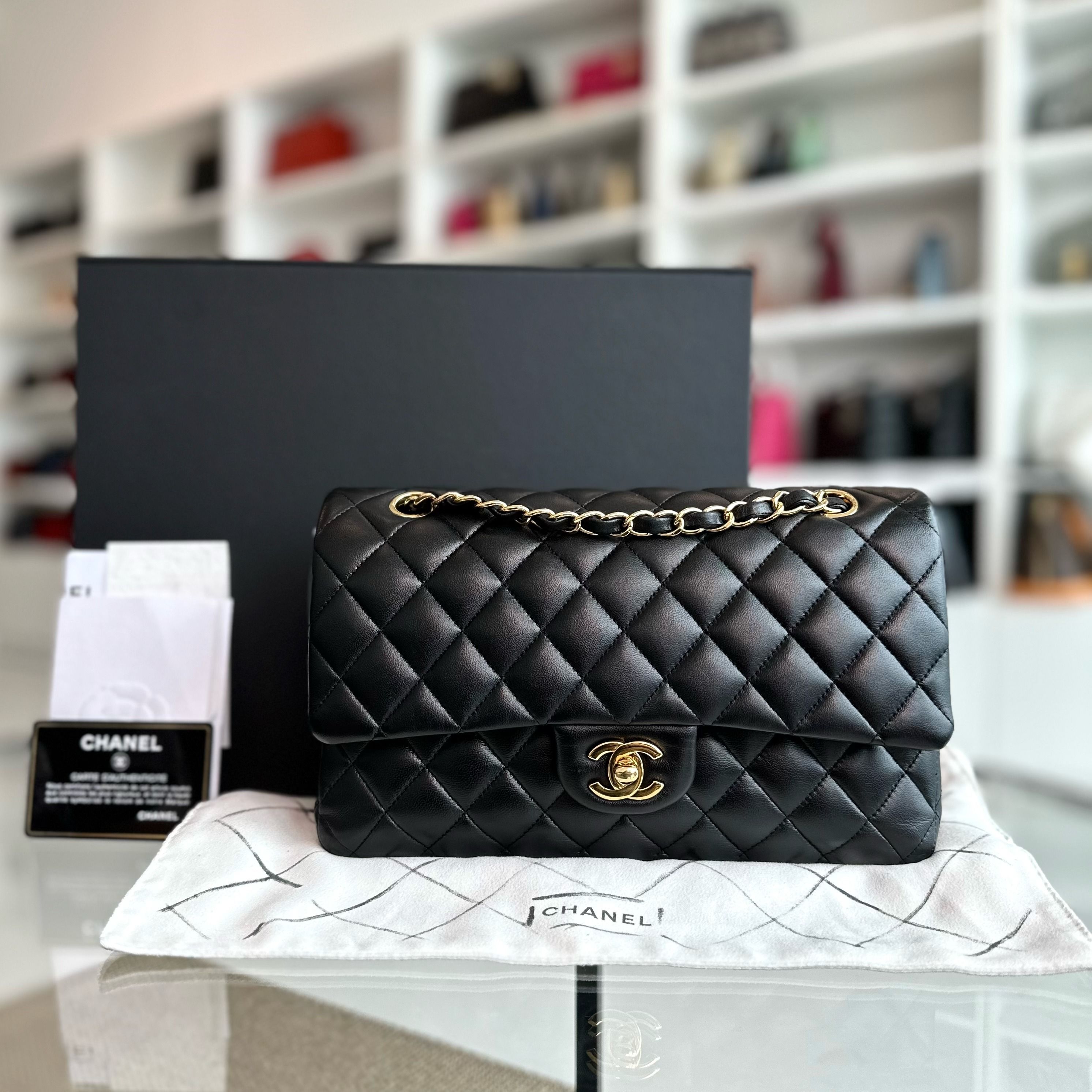 *Full Set, Receipt, No 28* Chanel Medium Classic Flap 25CM Lambskin Black GHW No 28 - Luxury Evermore