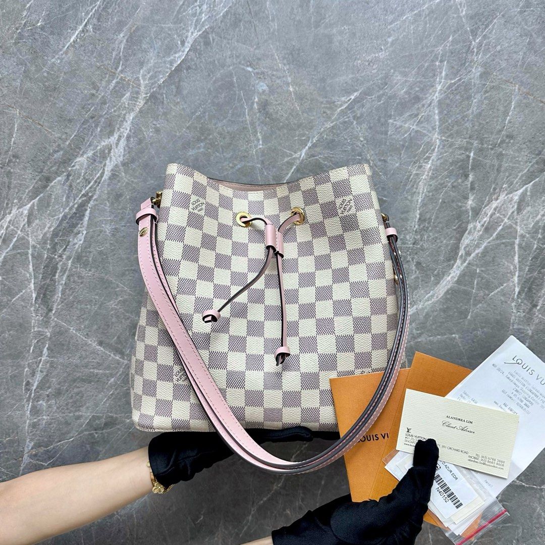 *Full Set* LV NeoNoe MM Damier Azur Pink Bucket Shoulder Bag Louis Vuitton