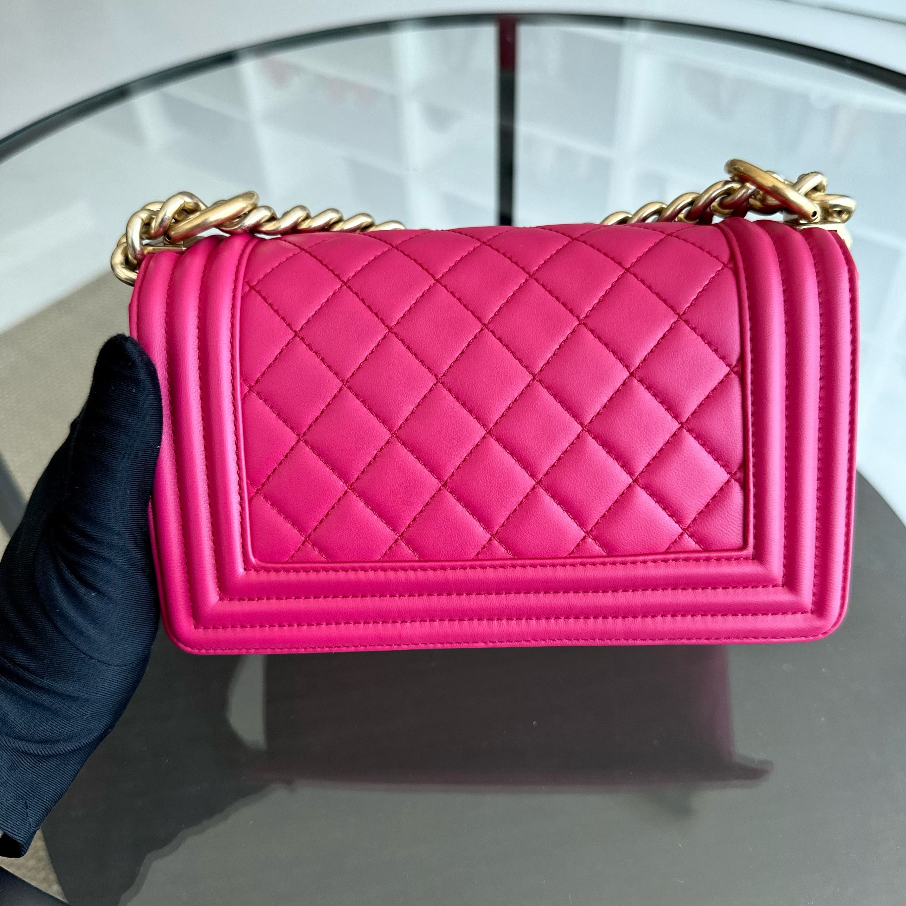 *Full Set, Receipt* Chanel Boy Small 20CM Quilted Lambskin Hot Pink Leboy GHW No 23