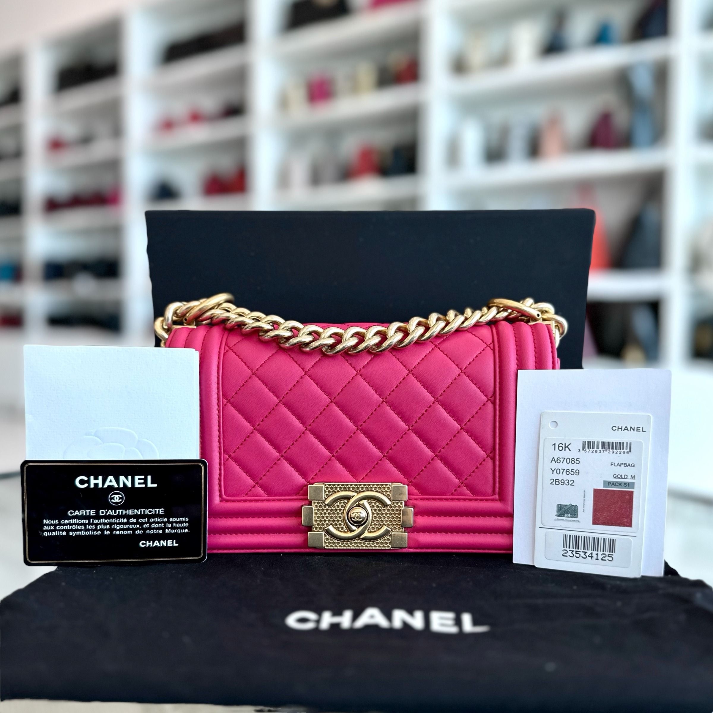 *Full Set, Receipt* Chanel Boy Small 20CM Quilted Lambskin Hot Pink Leboy GHW No 23