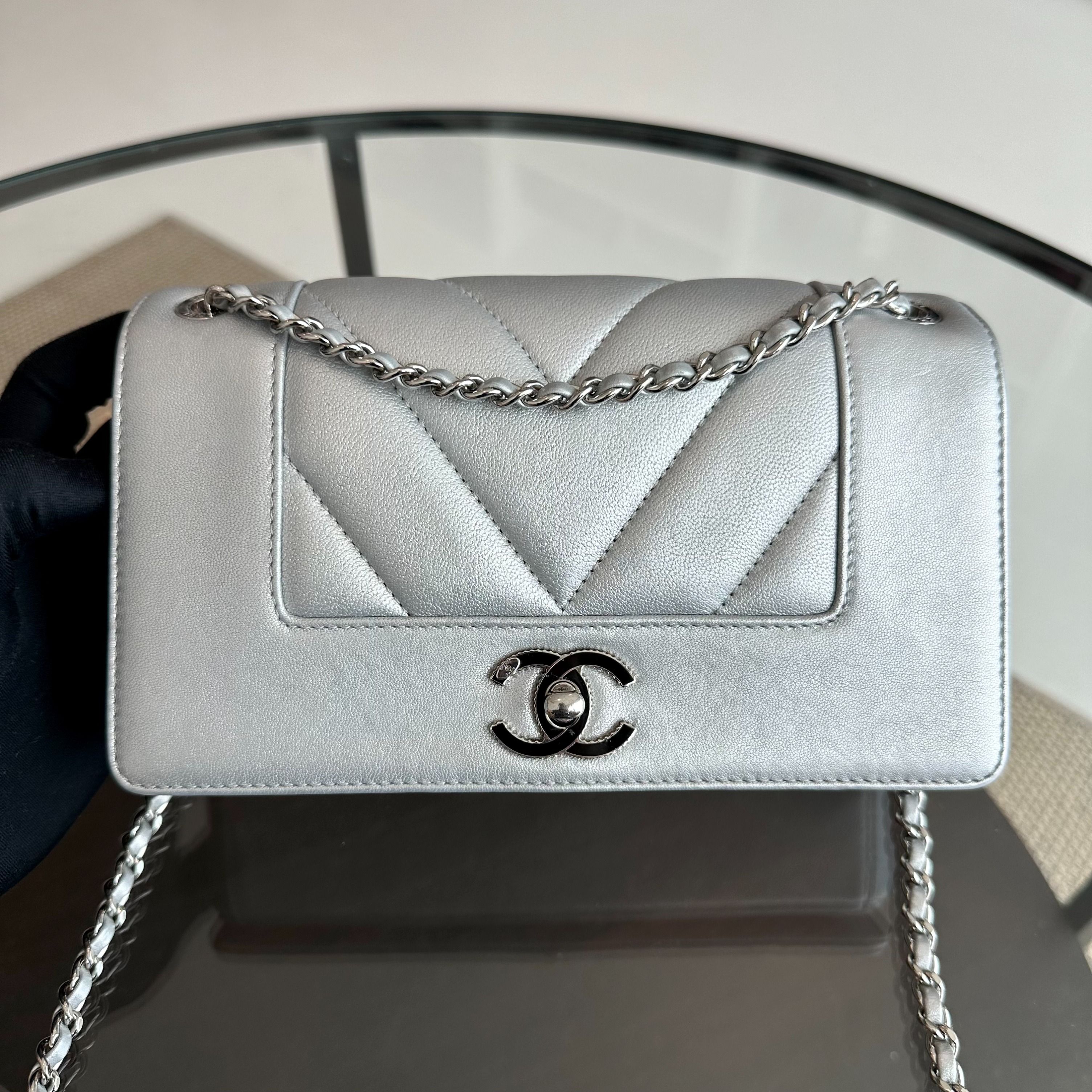 *Full Set, Receipt* Chanel Mademoiselle Small Seasonal Double Flap Calfskin Quilted Silver No 24