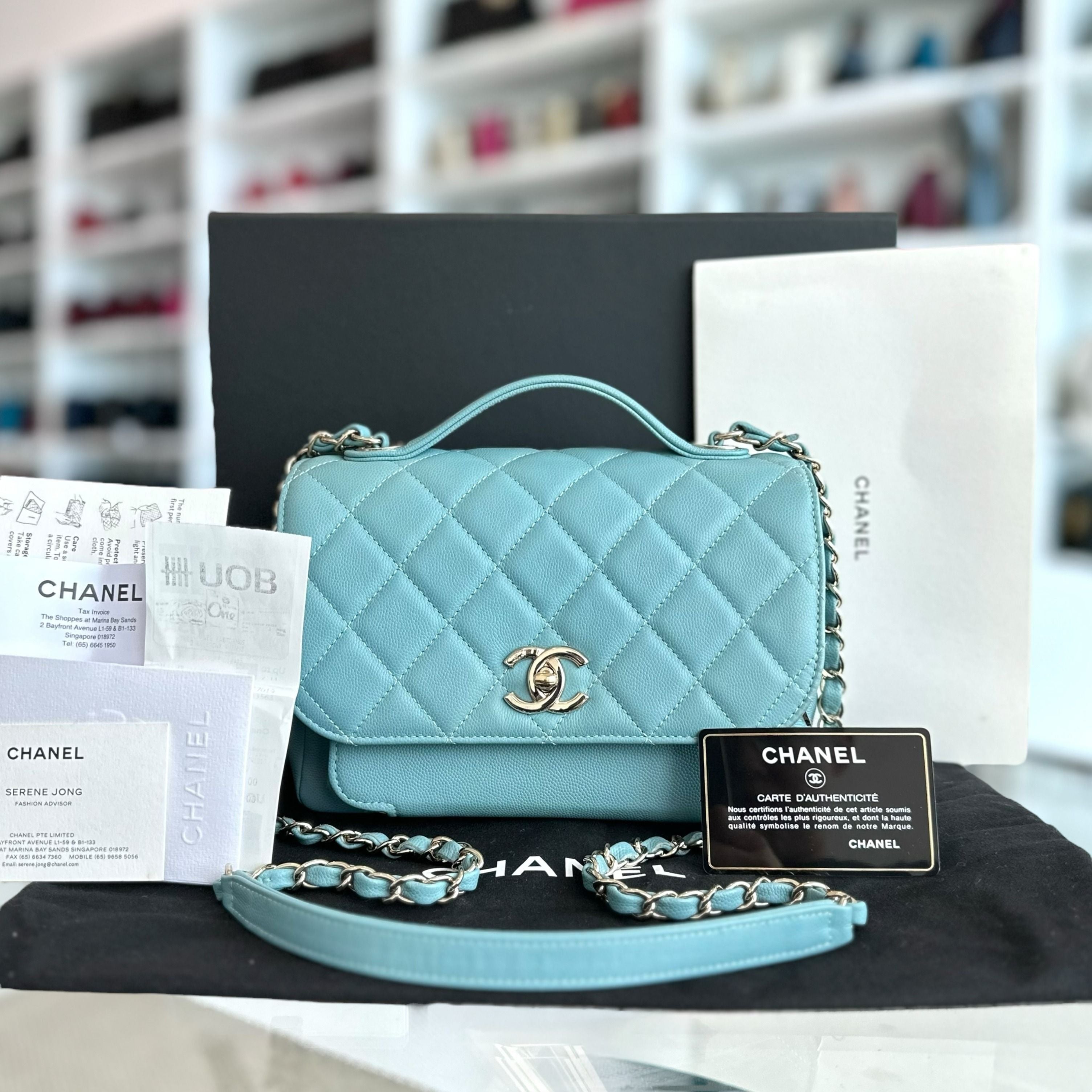 *Full Set, Receipt* Chanel Medium Business Affinity Quilted Caviar Blue GHW No 29