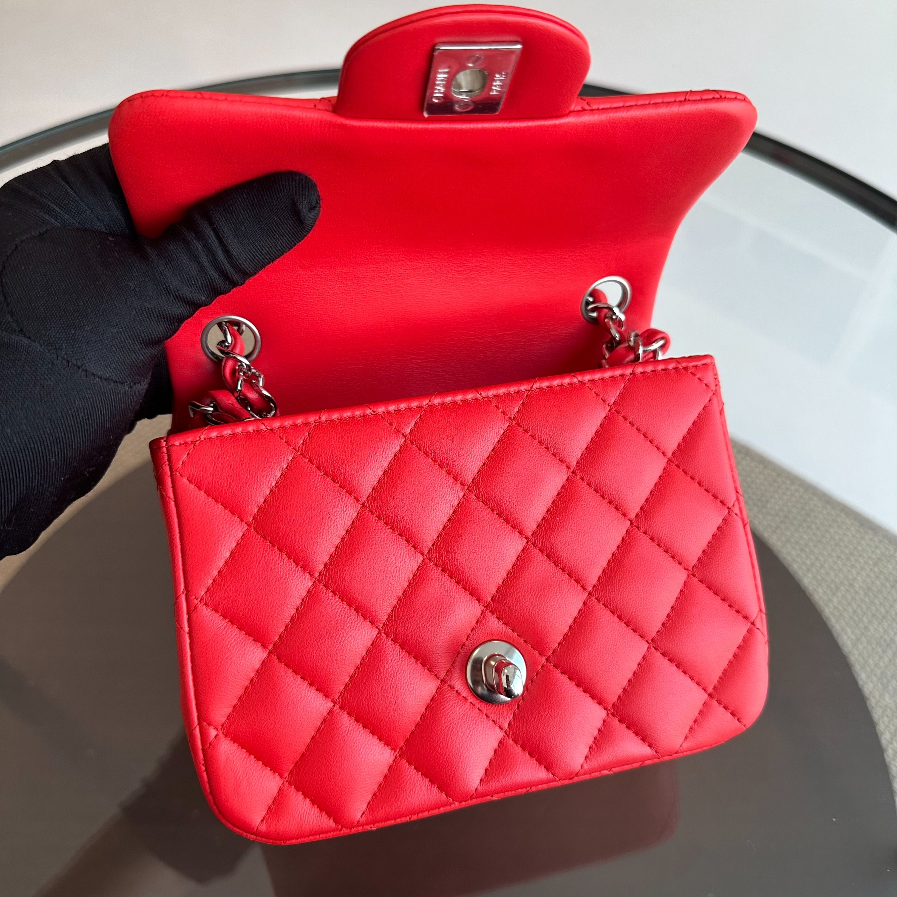 *Full Set, Receipt* Chanel Mini Square Classic Flap Quilted Lambskin Orange Red SHW No 27