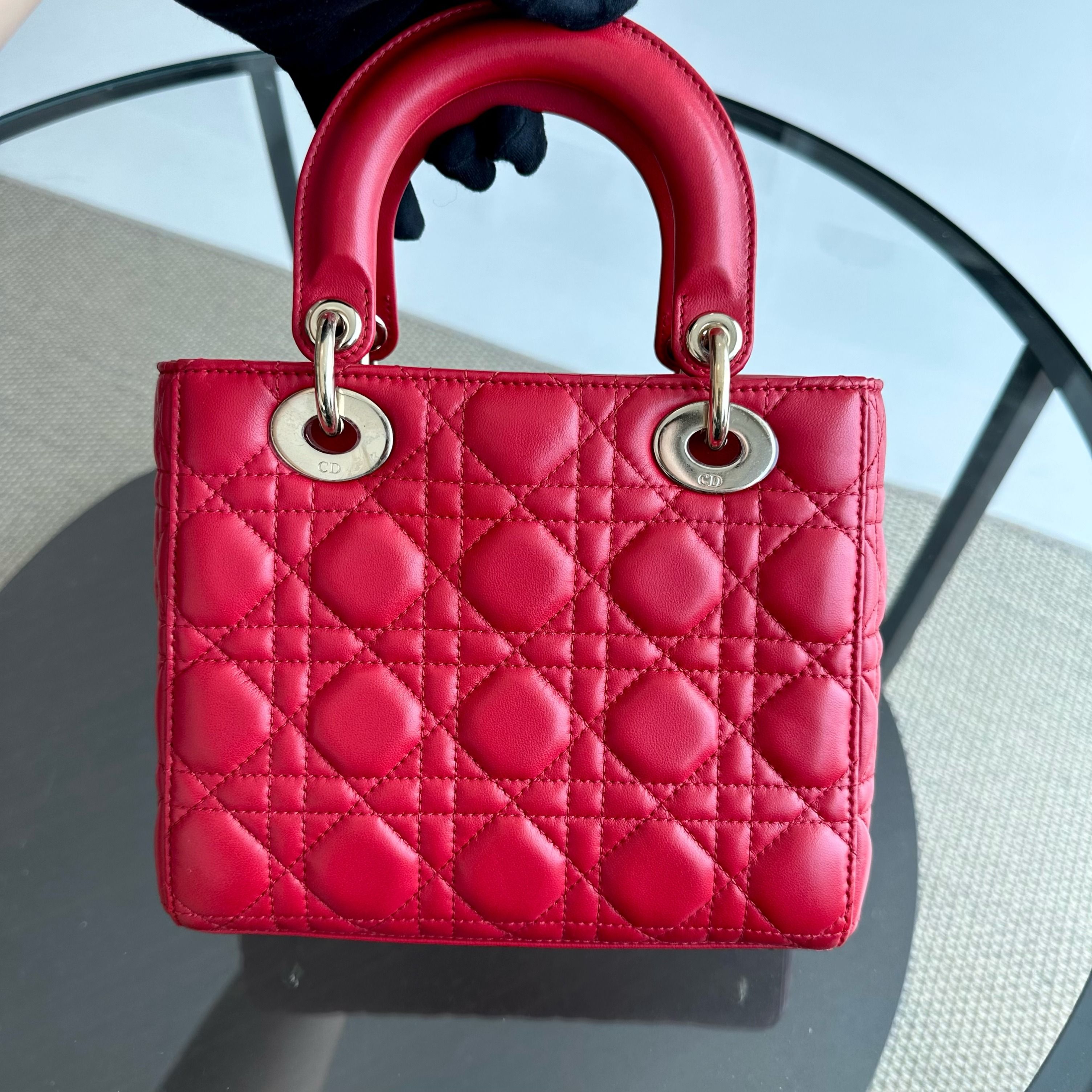 *Full Set, Receipt* Dior Lady Small Lambskin Cannage Charm ABC Red GHW