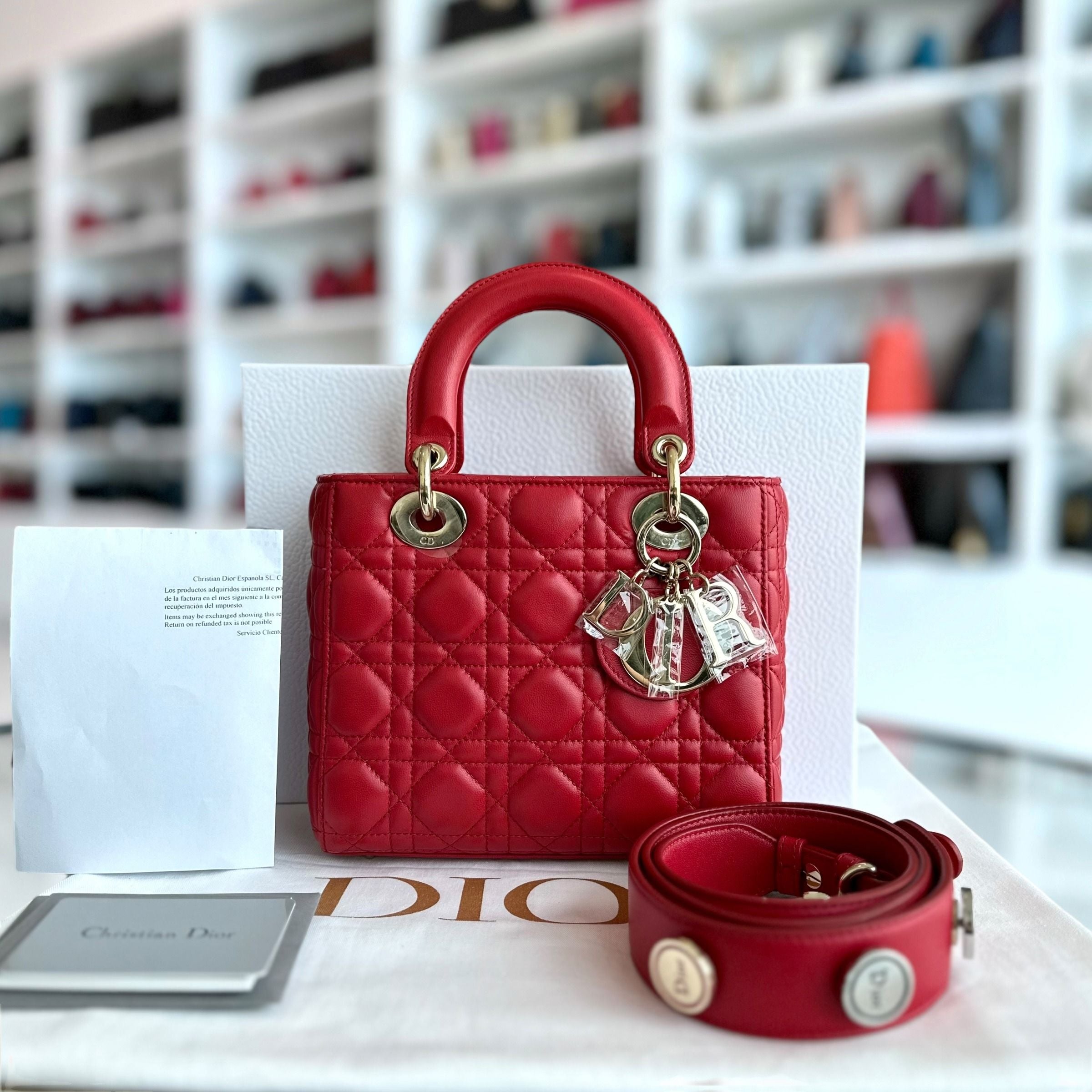 *Full Set, Receipt* Dior Lady Small Lambskin Cannage Charm ABC Red GHW