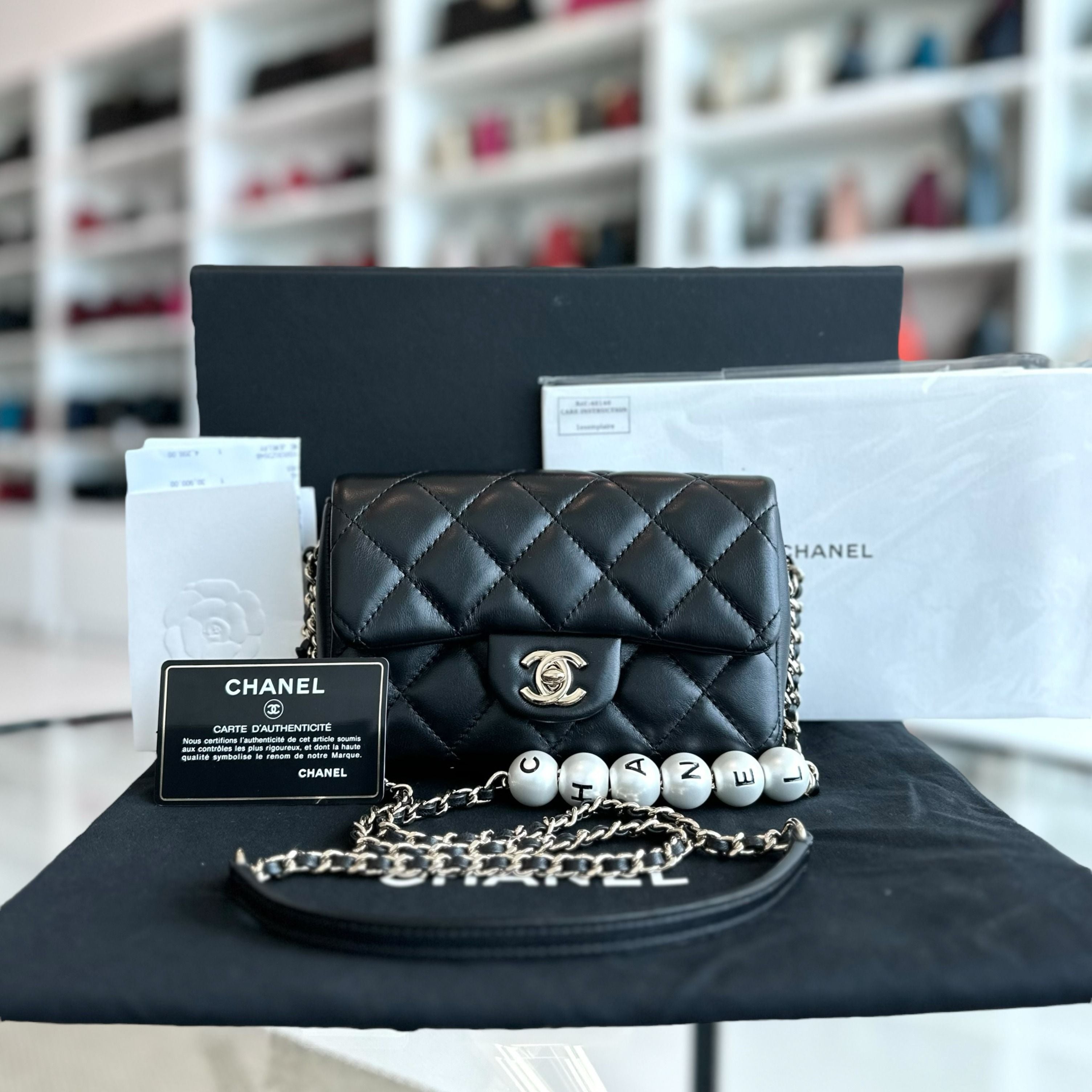 *Full Set, Receipt, Like New* Chanel Pearl Mini Flap Quilted My Previous Lambskin Black GHW No 29