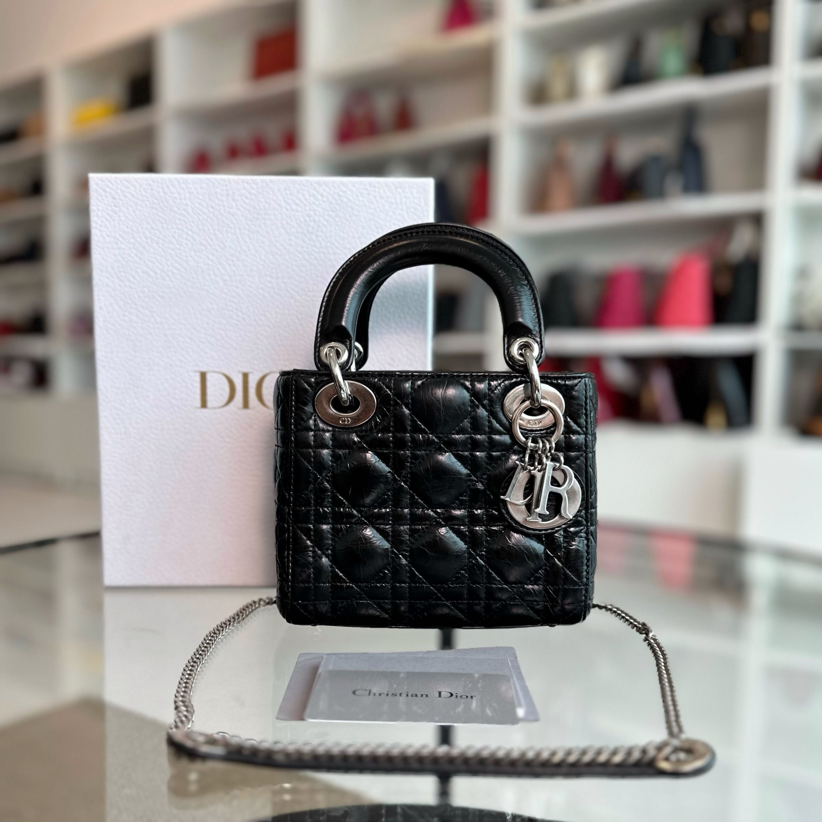 *Glazed calfskin, Chain version* Dior Lady Mini Glazed Calfskin Chain Black SHW - Luxury Evermore