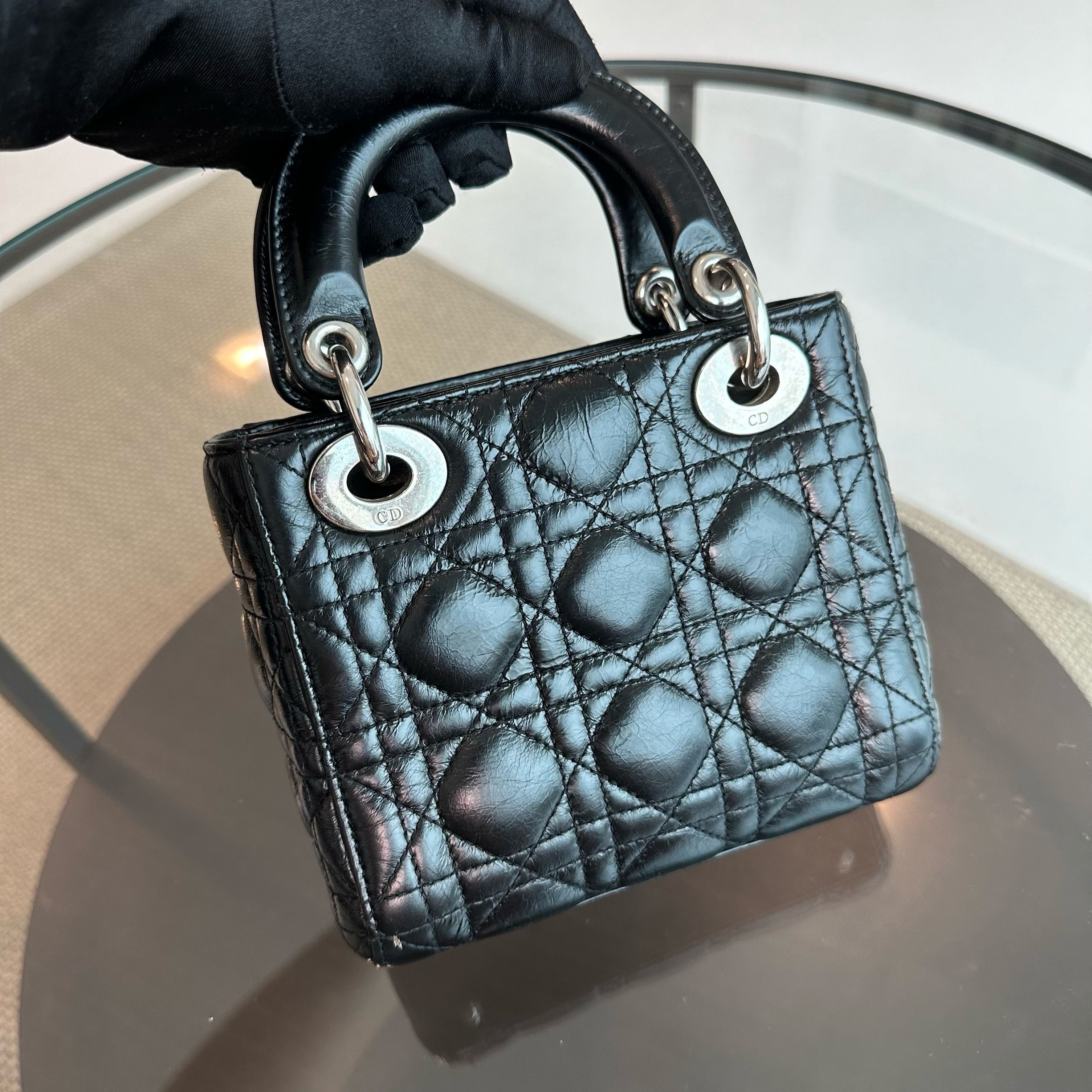 *Glazed calfskin, Chain version* Dior Lady Mini Glazed Calfskin Chain Black SHW - Luxury Evermore