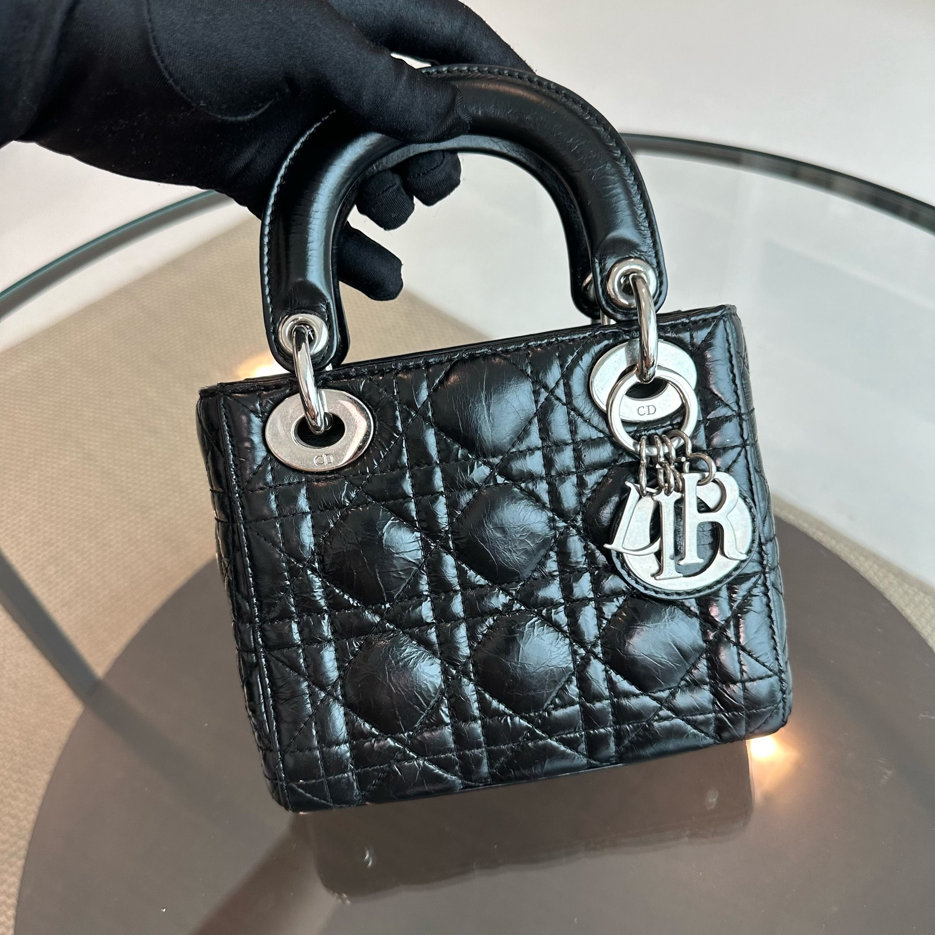 *Glazed calfskin, Chain version* Dior Lady Mini Glazed Calfskin Chain Black SHW - Luxury Evermore