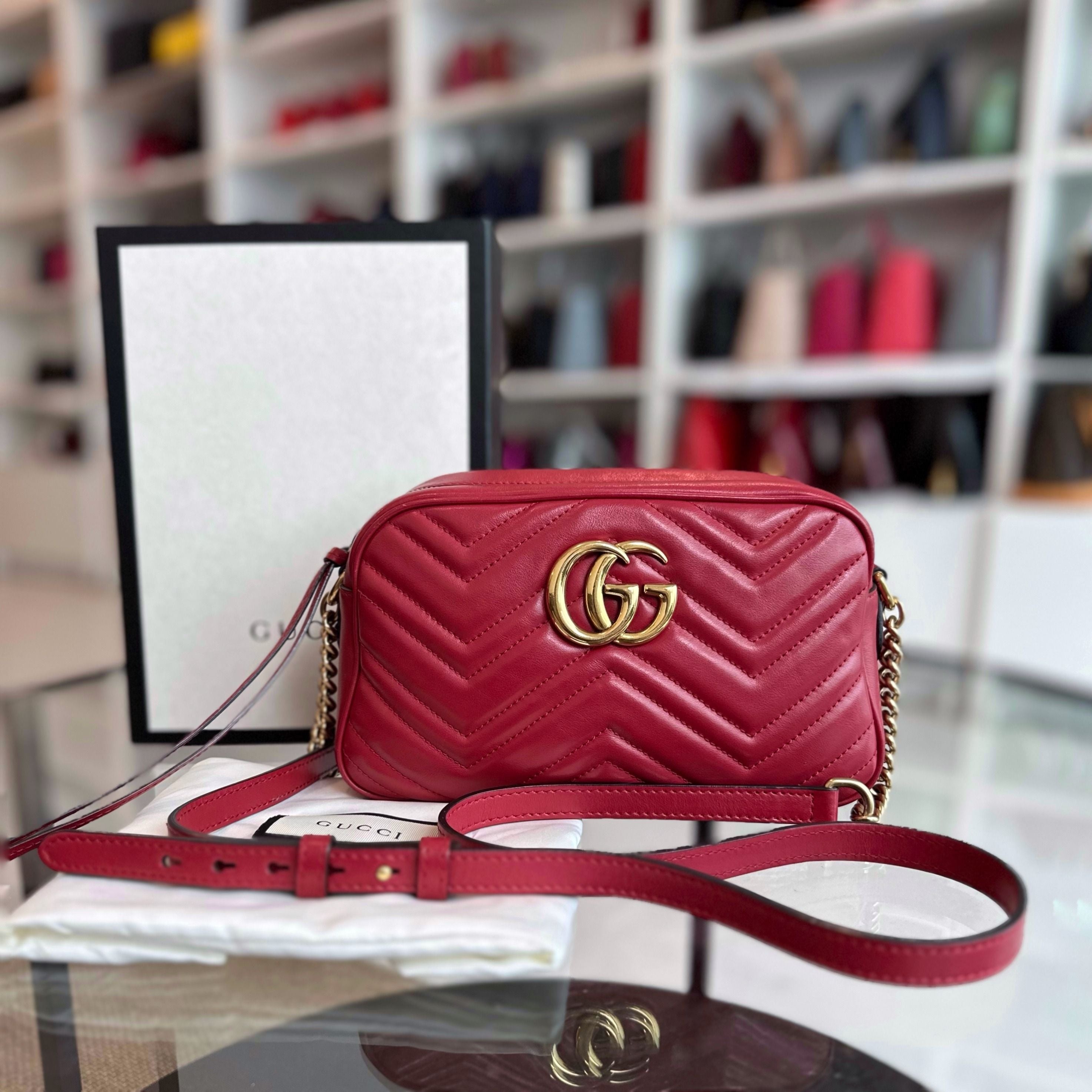 Gucci Marmont GG Lambskin Camera Shoulder Bag Red GHW - Luxury Evermore