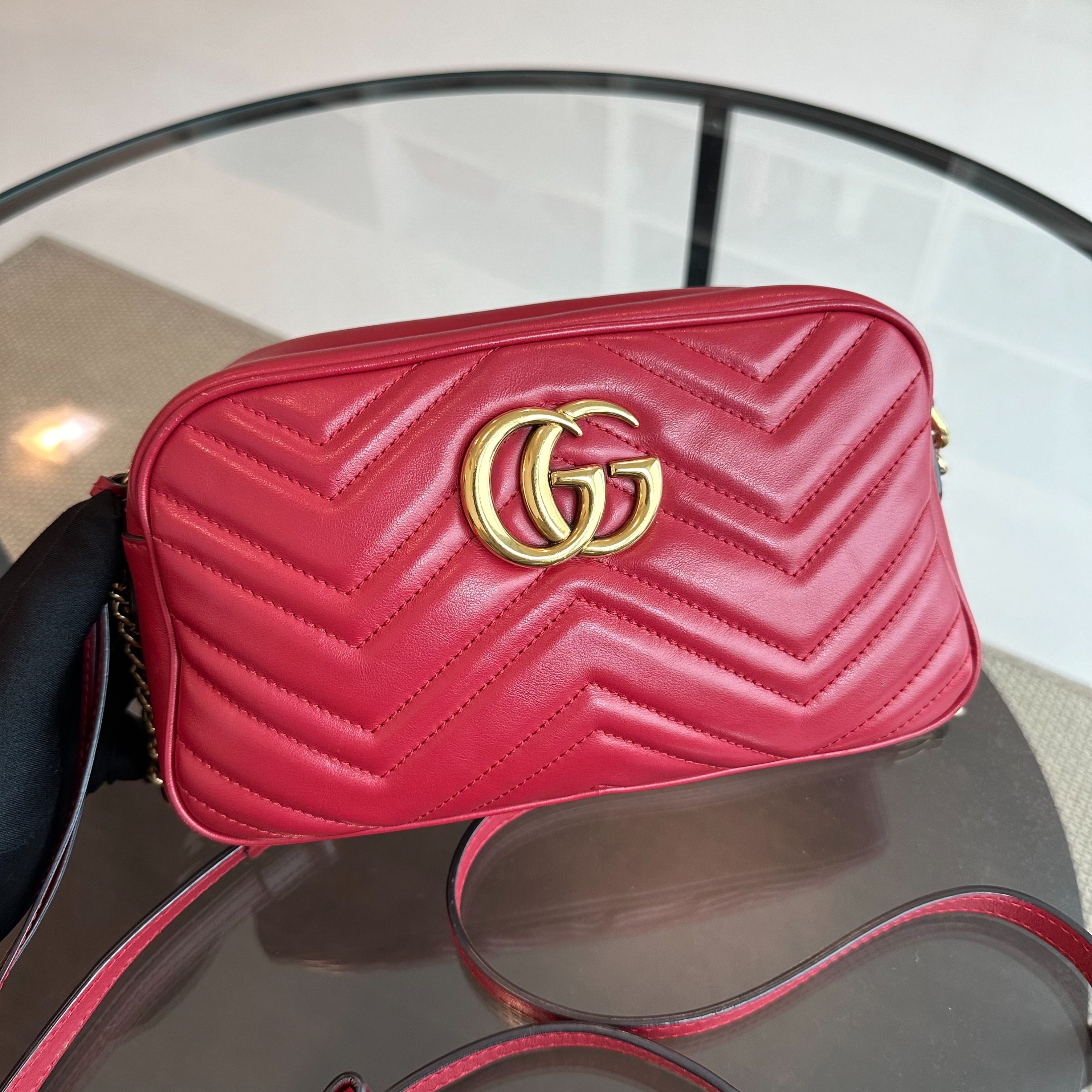 Gucci Marmont GG Lambskin Camera Shoulder Bag Red GHW - Luxury Evermore