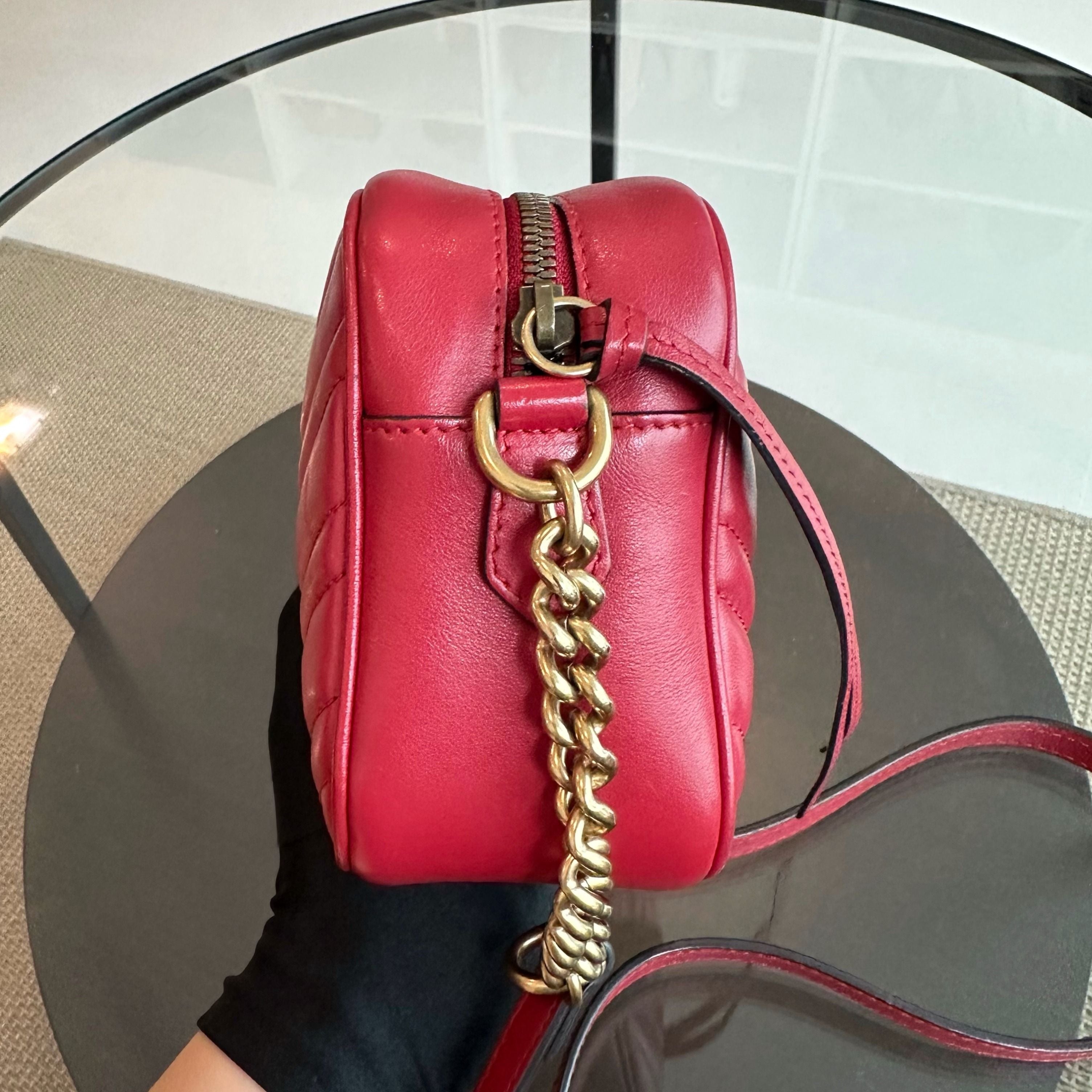 Gucci Marmont GG Lambskin Camera Shoulder Bag Red GHW - Luxury Evermore