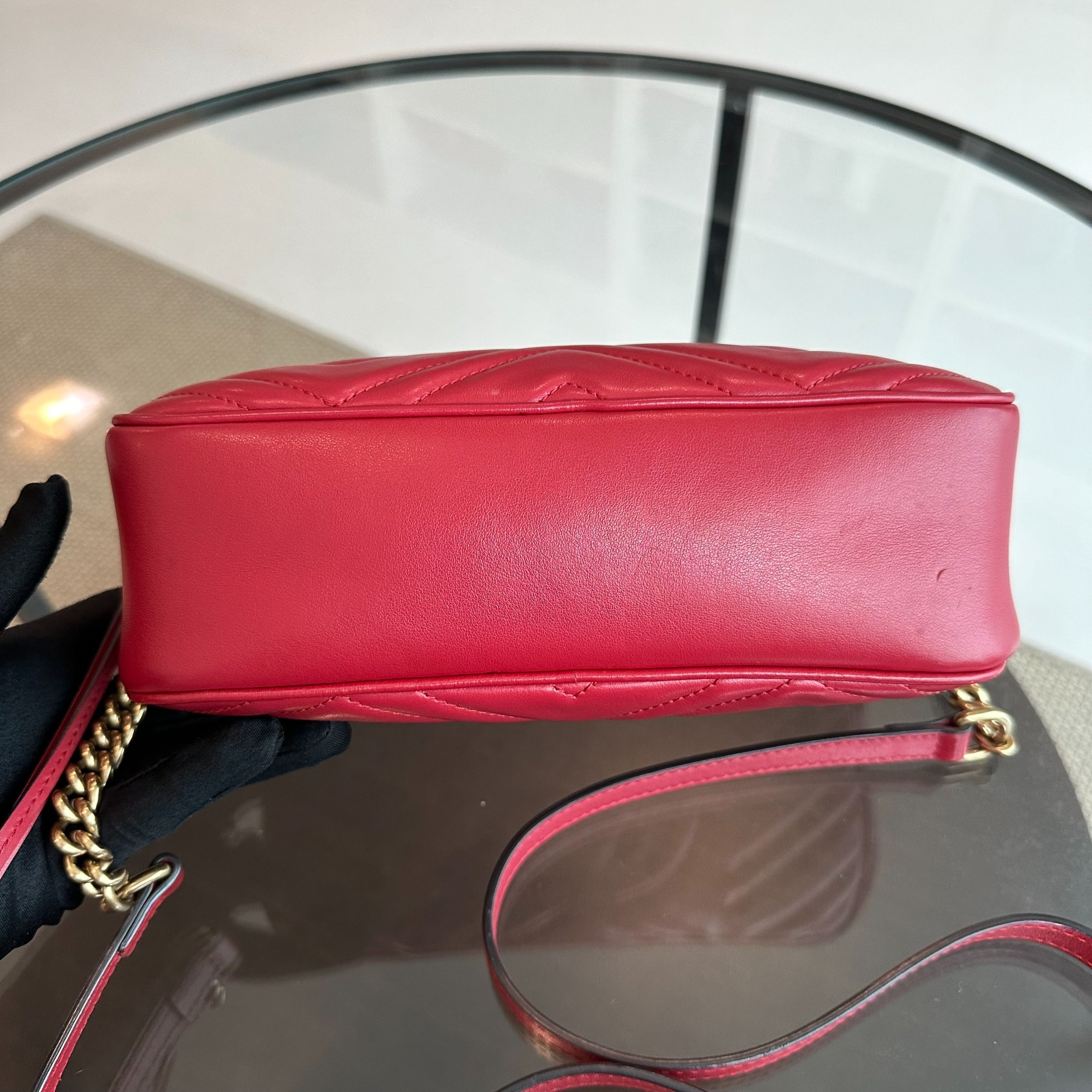 Gucci Marmont GG Lambskin Camera Shoulder Bag Red GHW - Luxury Evermore