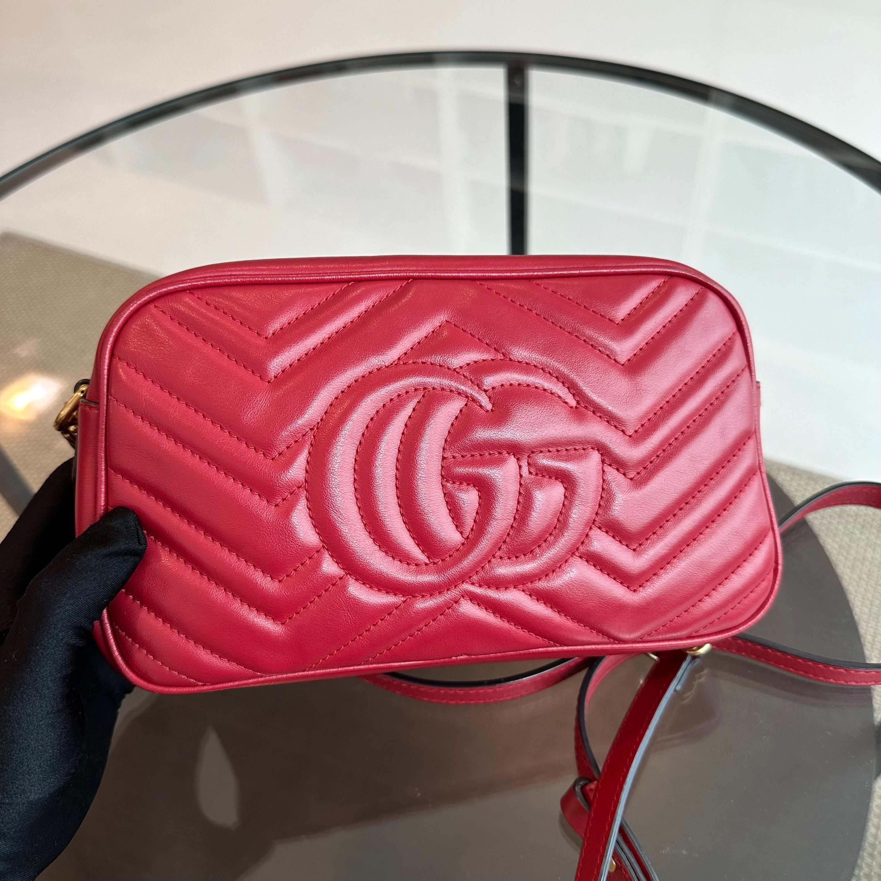 Gucci Marmont GG Lambskin Camera Shoulder Bag Red GHW - Luxury Evermore