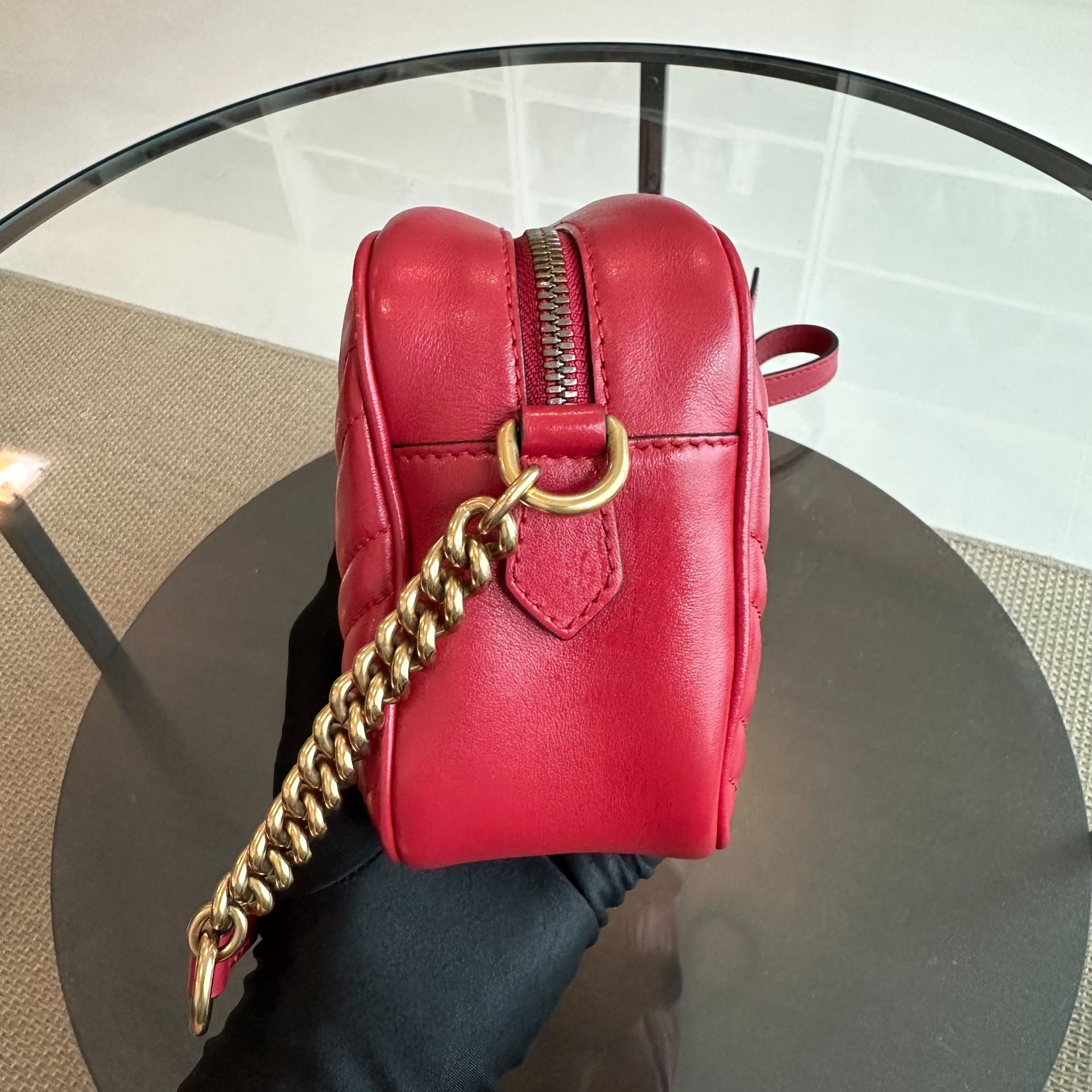 Gucci Marmont GG Lambskin Camera Shoulder Bag Red GHW - Luxury Evermore