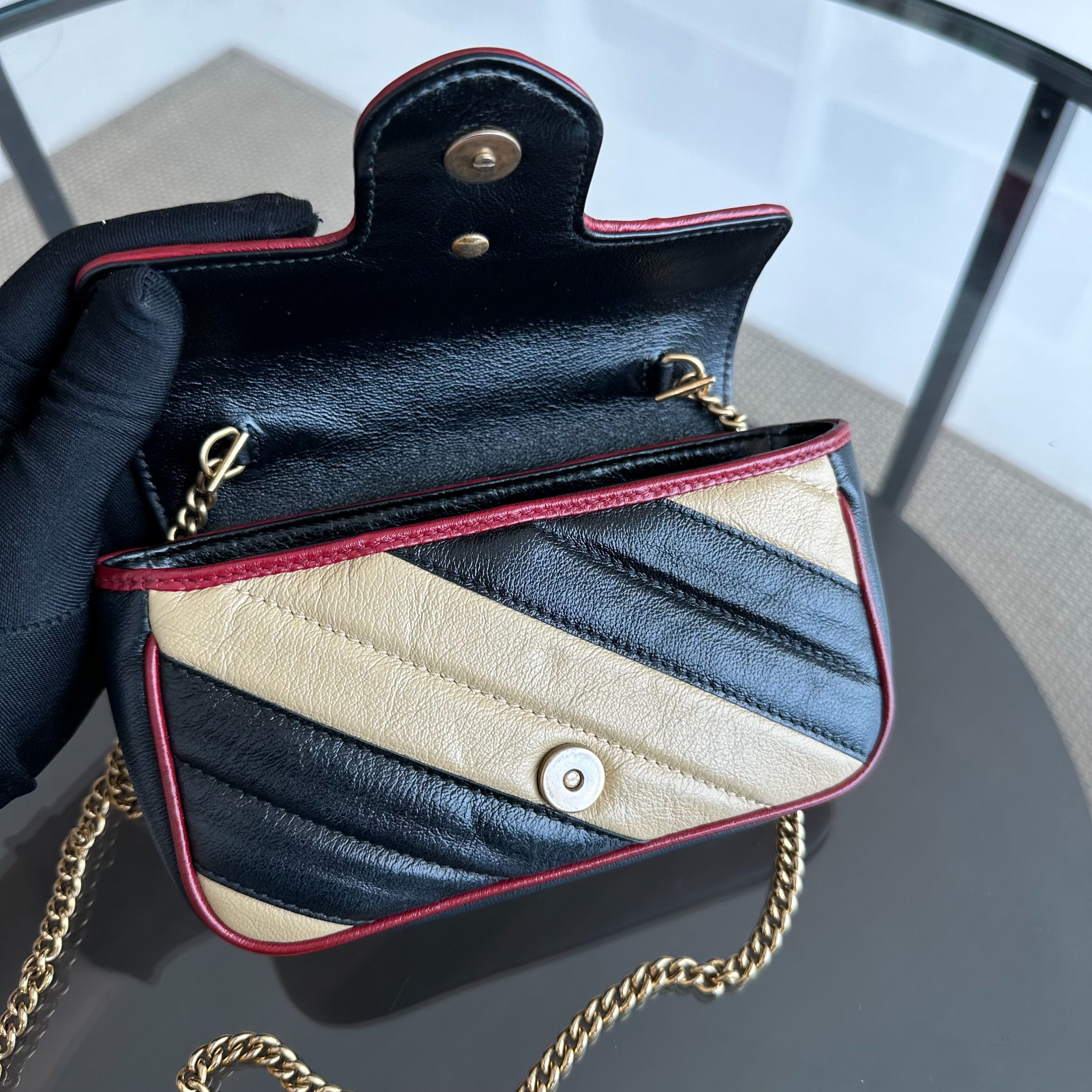 Gucci Marmont Super Mini Black Beige Shoulder Bag - Luxury Evermore