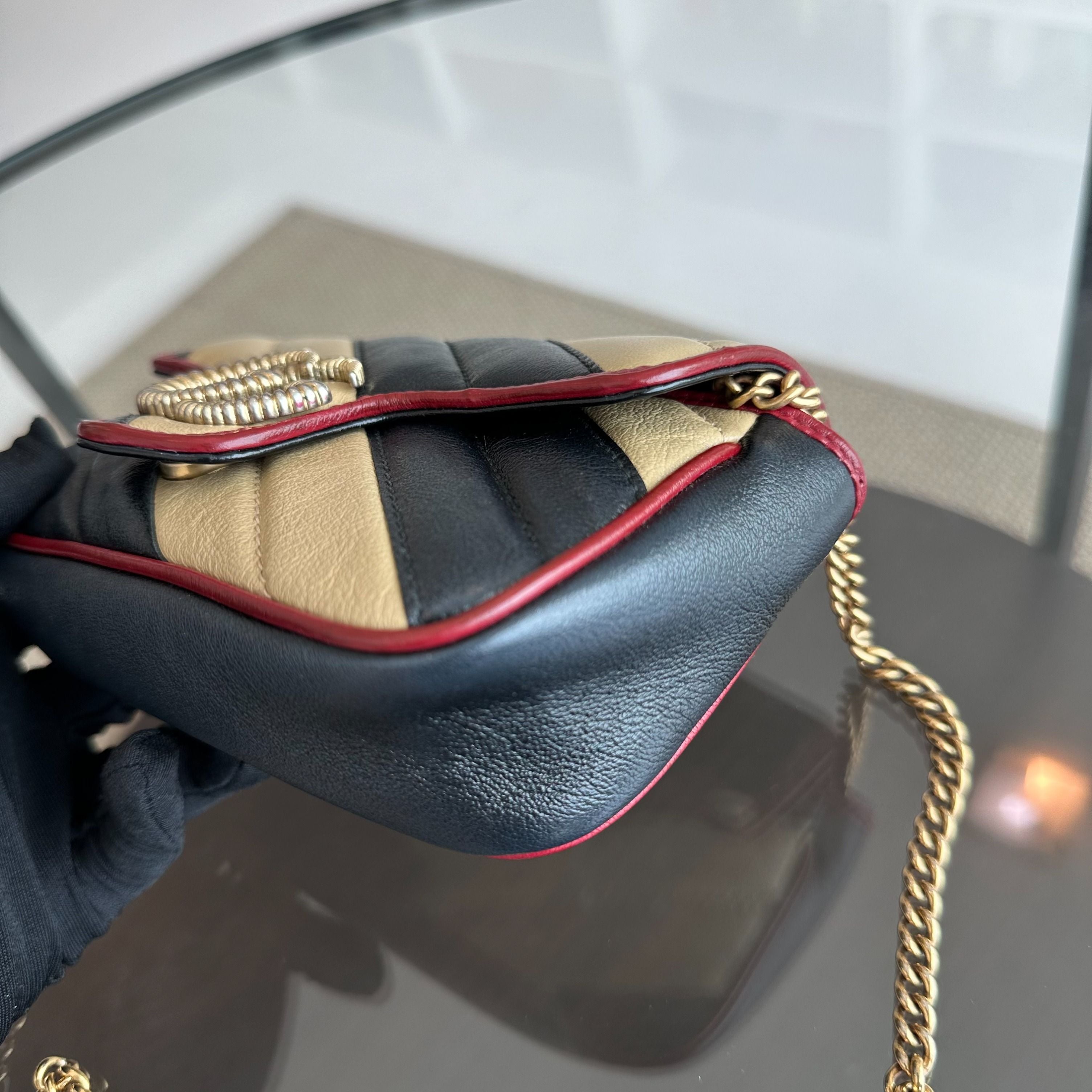 Gucci Marmont Super Mini Black Beige Shoulder Bag - Luxury Evermore