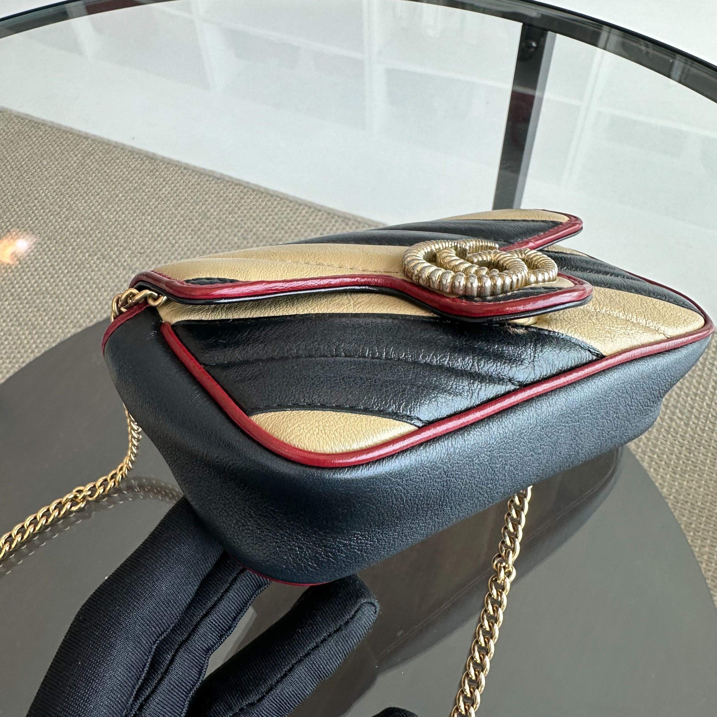 Gucci Marmont Super Mini Black Beige Shoulder Bag - Luxury Evermore