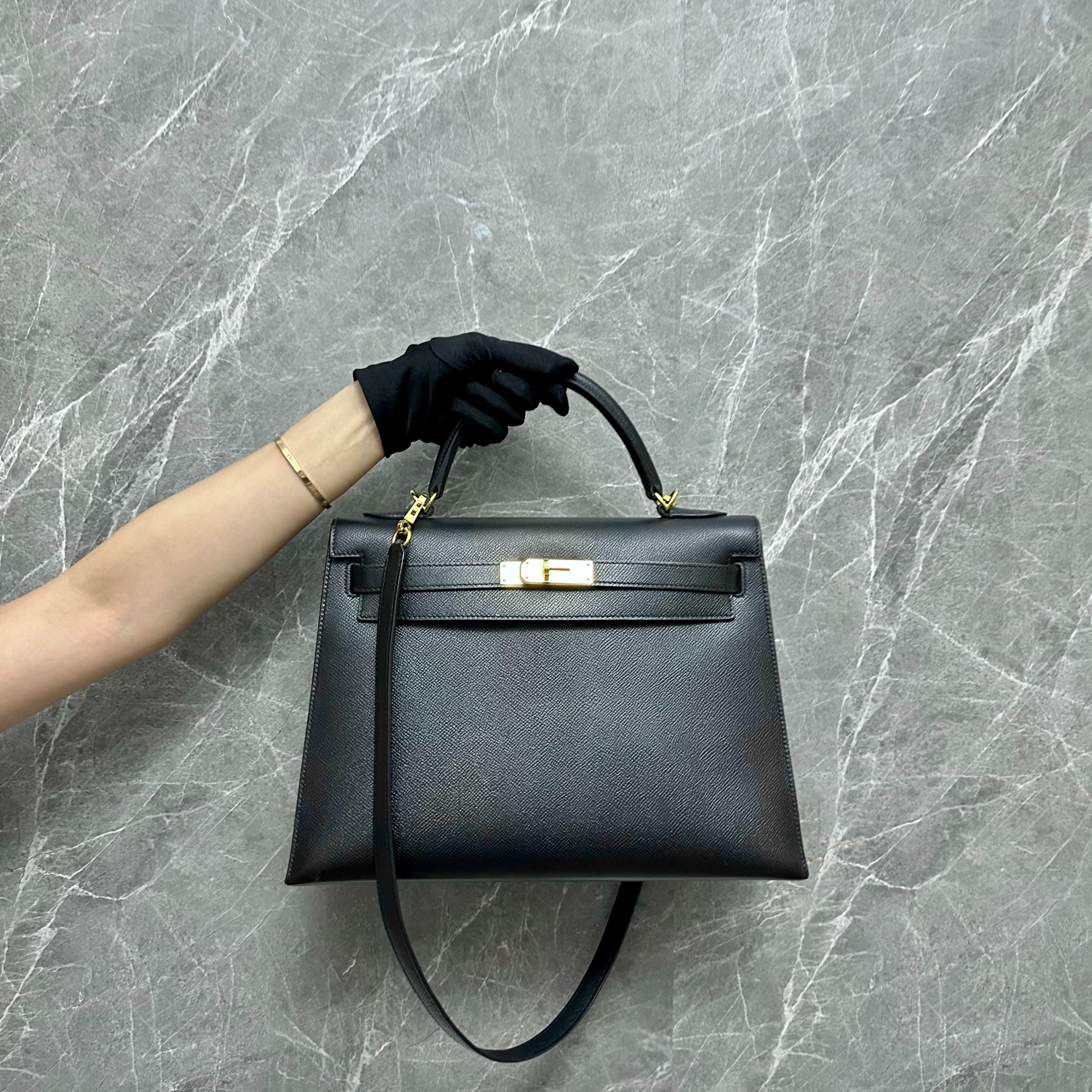 Hermes Kelly 32 Epsom Black Square O GHW - Luxury Evermore