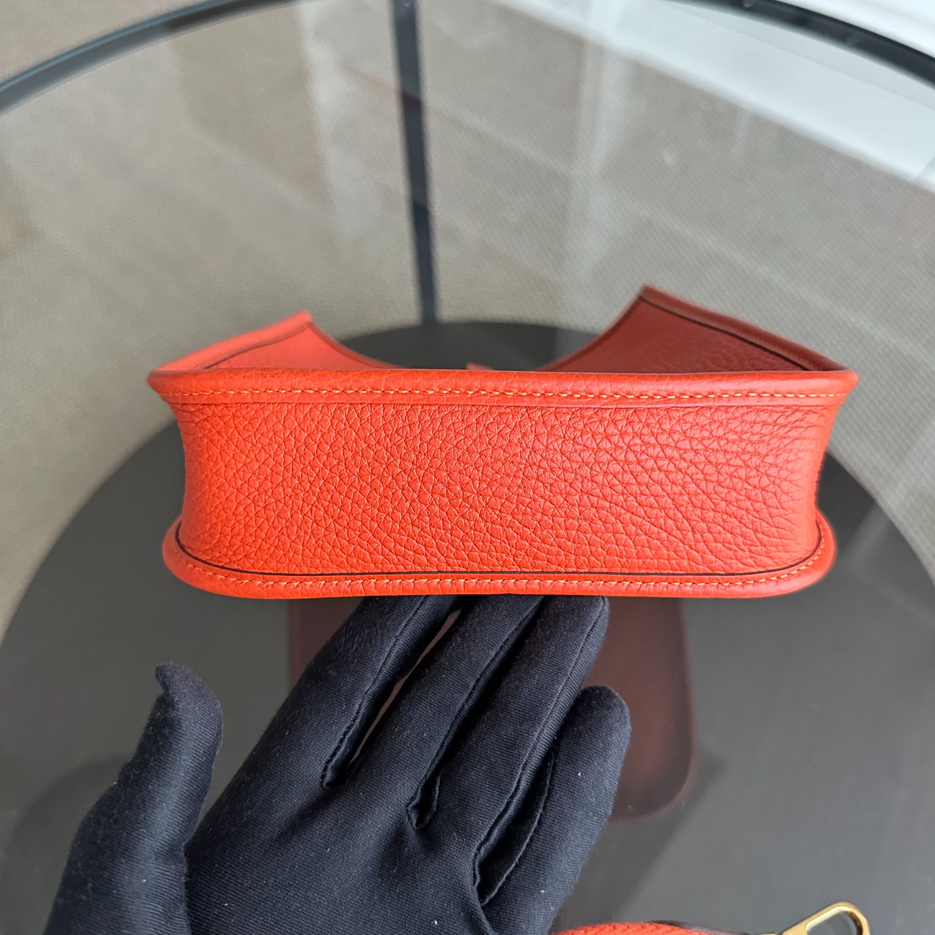 Hermes Mini Evelyn 16 Taurillon Clemence Stamp U Orange GHW - Luxury Evermore