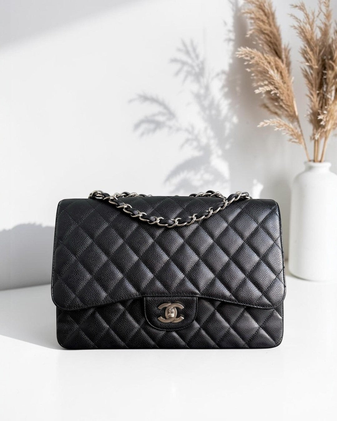 Chanel Classic Flap Jumbo - Caviar 30CM Single Flap Quilted Black Silver Hardware