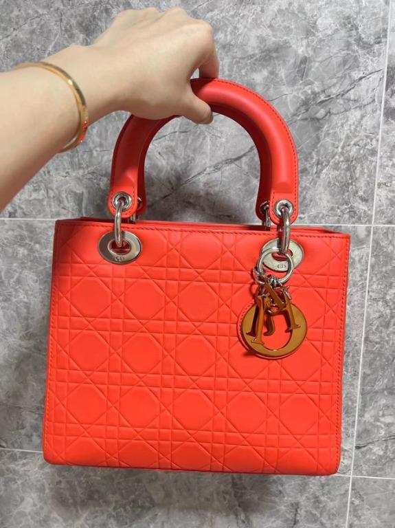 Lady Dior Medium Cannage Lambskin Leather Orange with Gold Hardware - Luxury Evermore