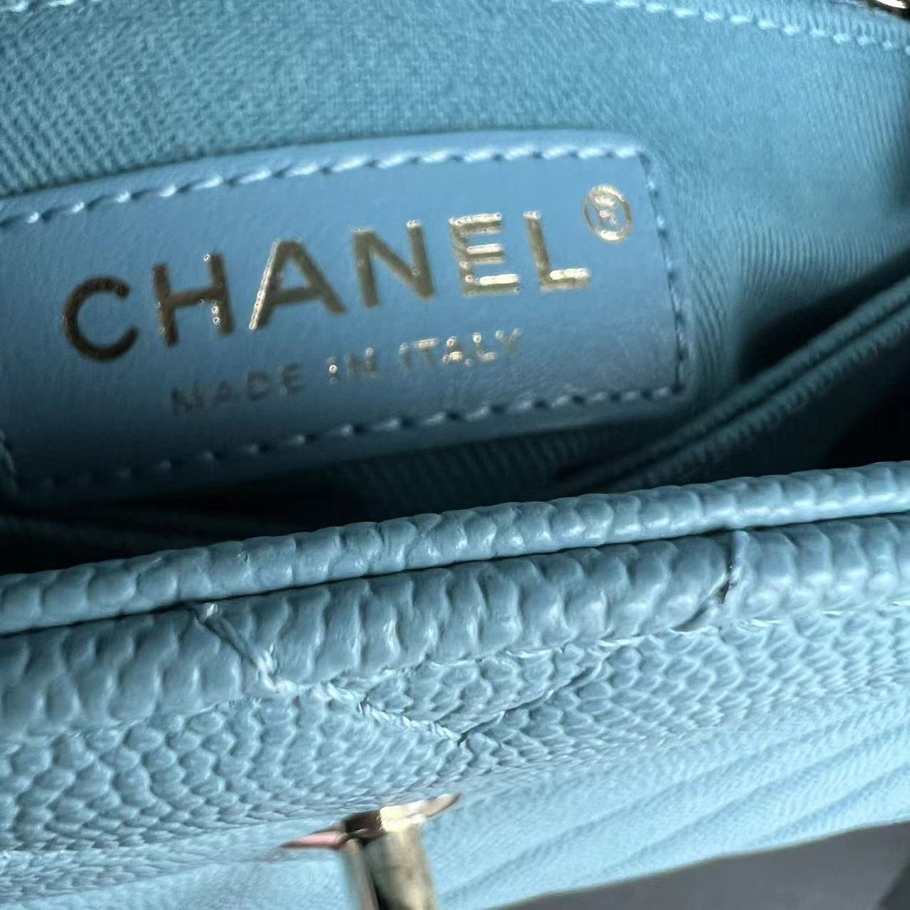 *Like New 2020* Chanel Caviar Small Coco Handle Chevron Calfskin Light Baby Blue Light Golden Hardware Series 29 - Luxury Evermore