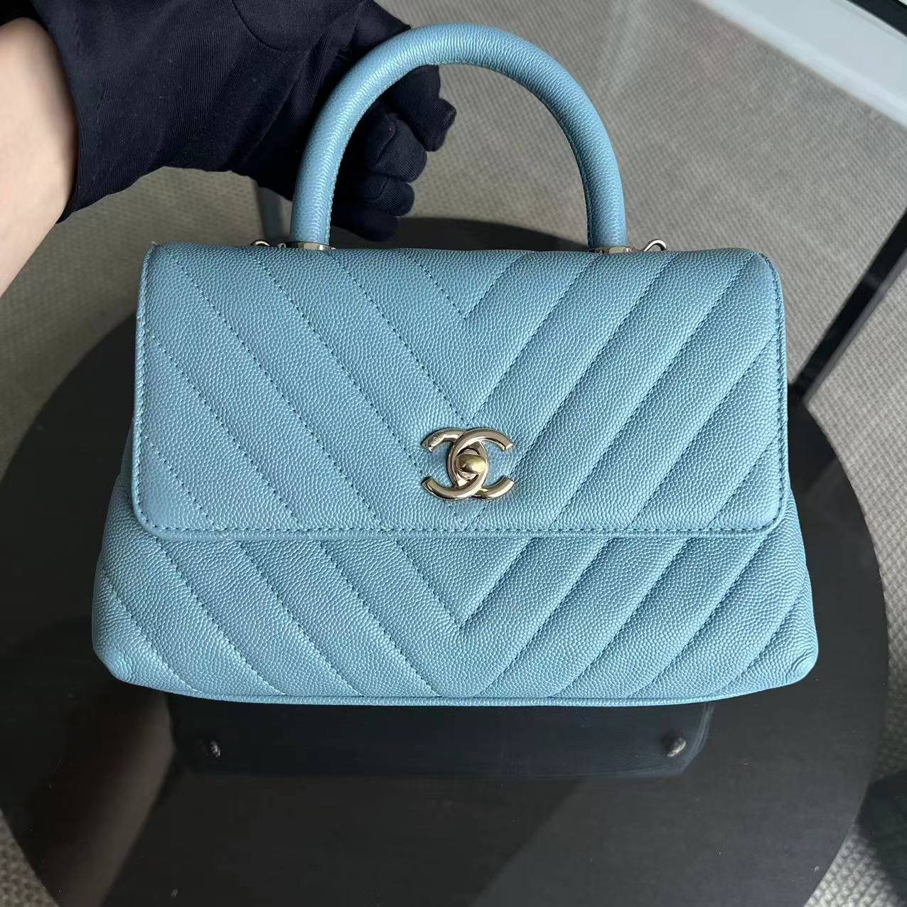 *Like New 2020* Chanel Caviar Small Coco Handle Chevron Calfskin Light Baby Blue Light Golden Hardware Series 29 - Luxury Evermore