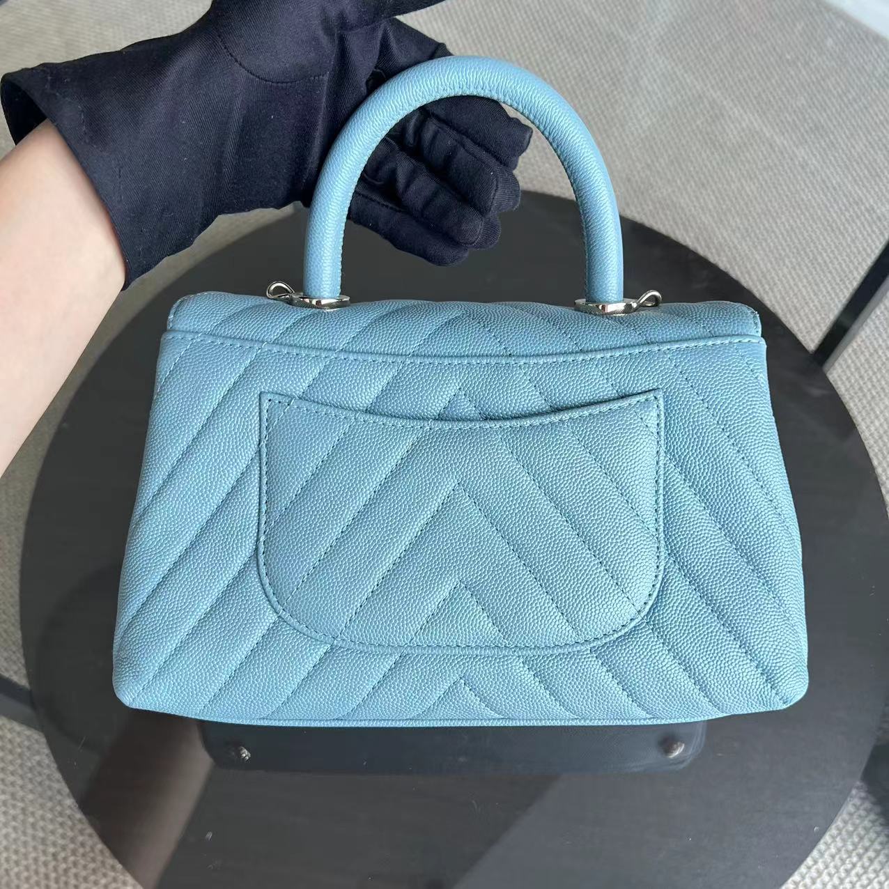 *Like New 2020* Chanel Caviar Small Coco Handle Chevron Calfskin Light Baby Blue Light Golden Hardware Series 29 - Luxury Evermore