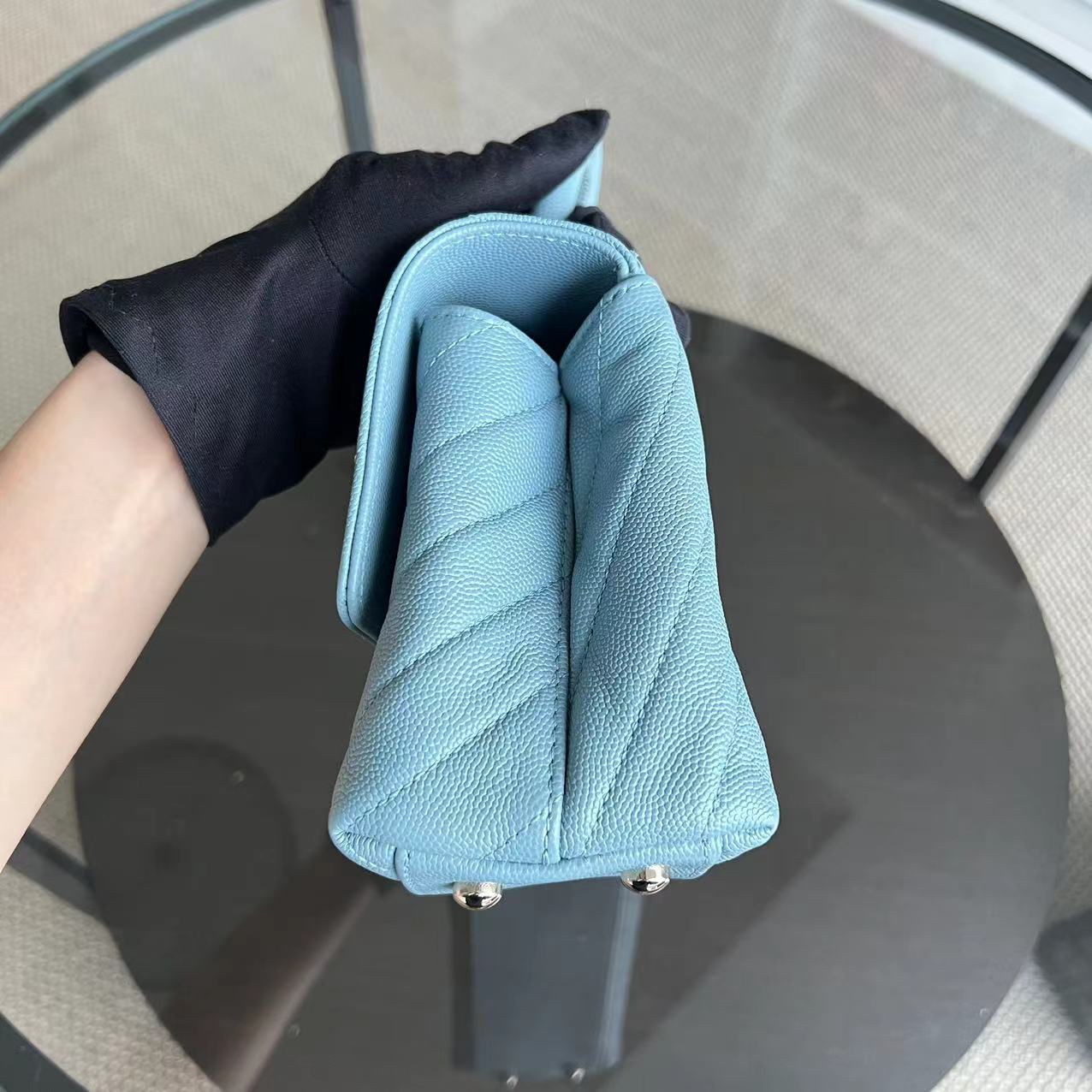 *Like New 2020* Chanel Caviar Small Coco Handle Chevron Calfskin Light Baby Blue Light Golden Hardware Series 29 - Luxury Evermore