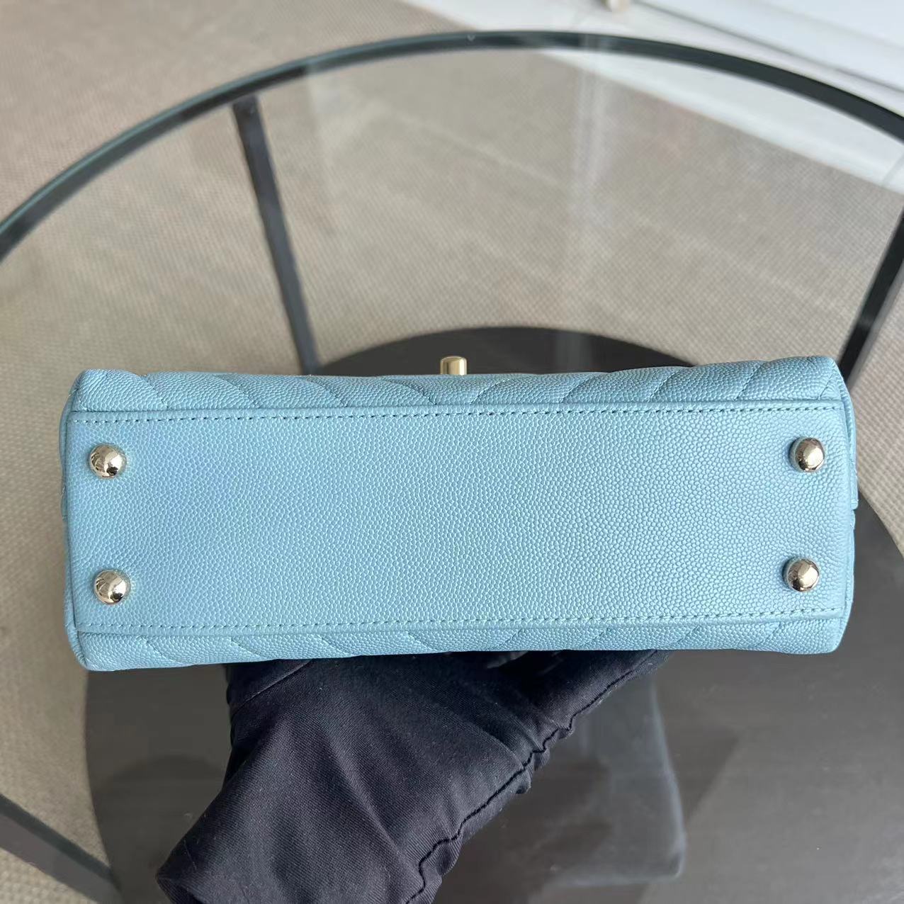 *Like New 2020* Chanel Caviar Small Coco Handle Chevron Calfskin Light Baby Blue Light Golden Hardware Series 29 - Luxury Evermore