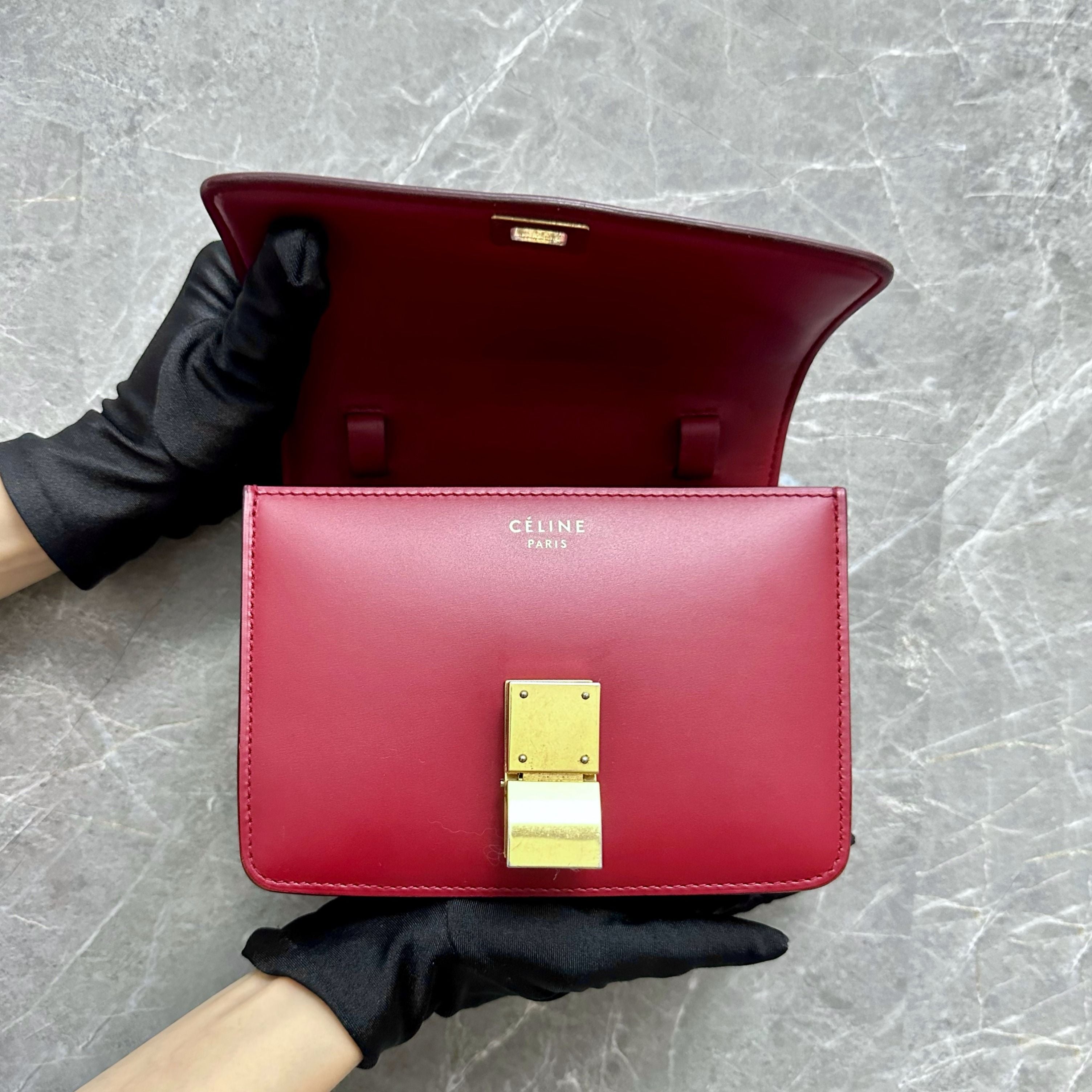 *Like New* Celine Box Small Classic Burgundy Calfskin GHW - Luxury Evermore