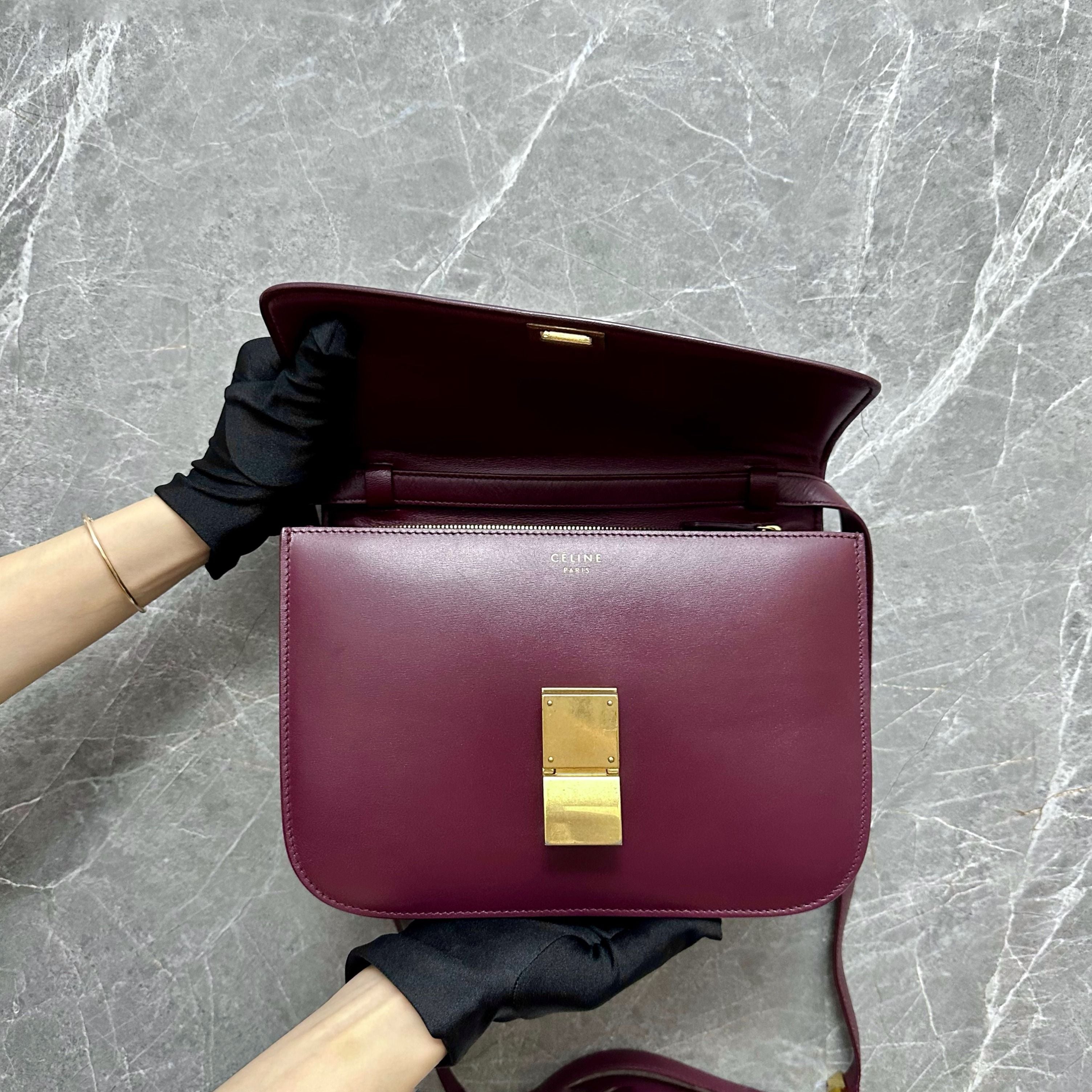 *Like New* Celine Classic Box Medium Burgundy Calfskin Leather - Luxury Evermore