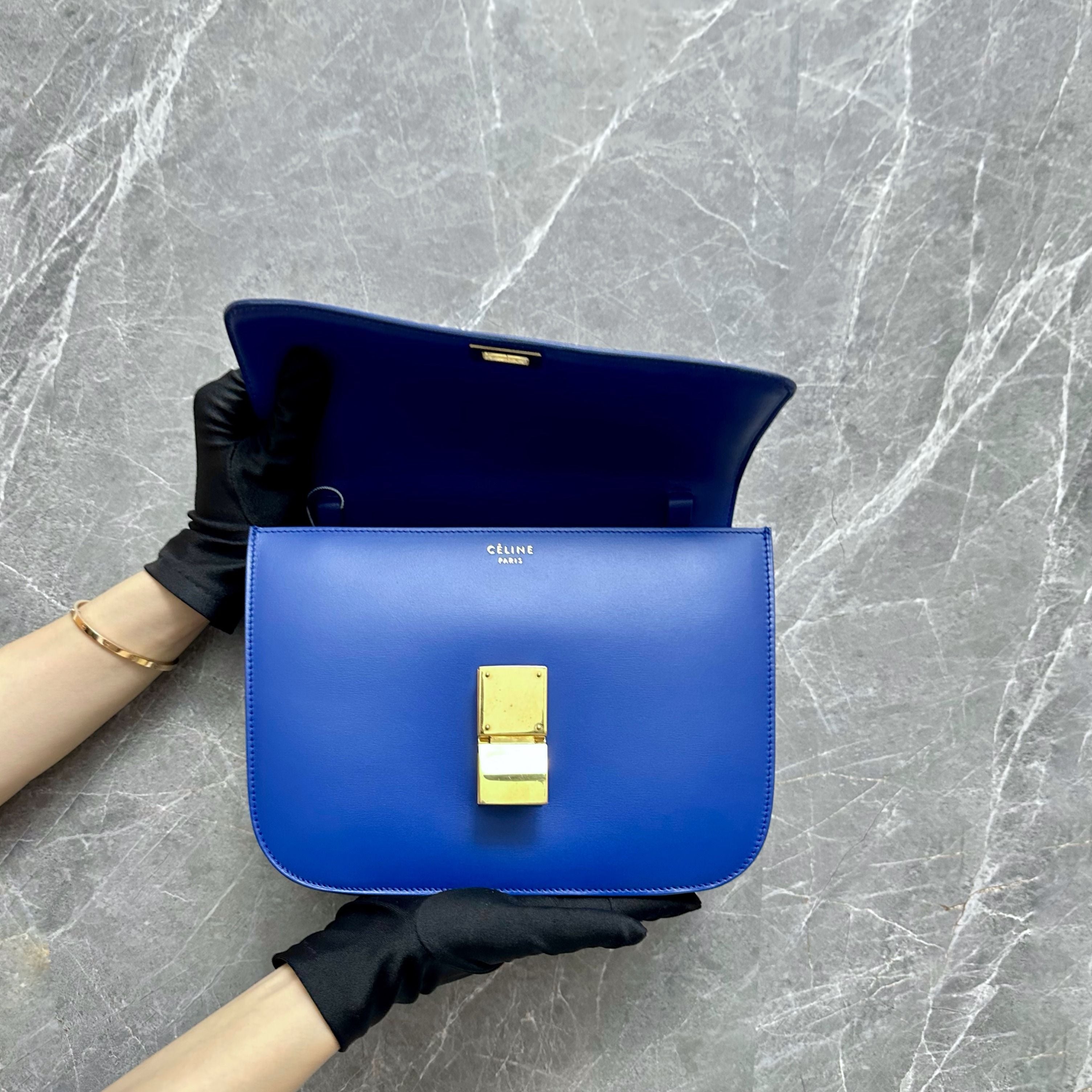 *Like New* Celine Classic Box Medium Smooth Leather Blue GHW - Luxury Evermore